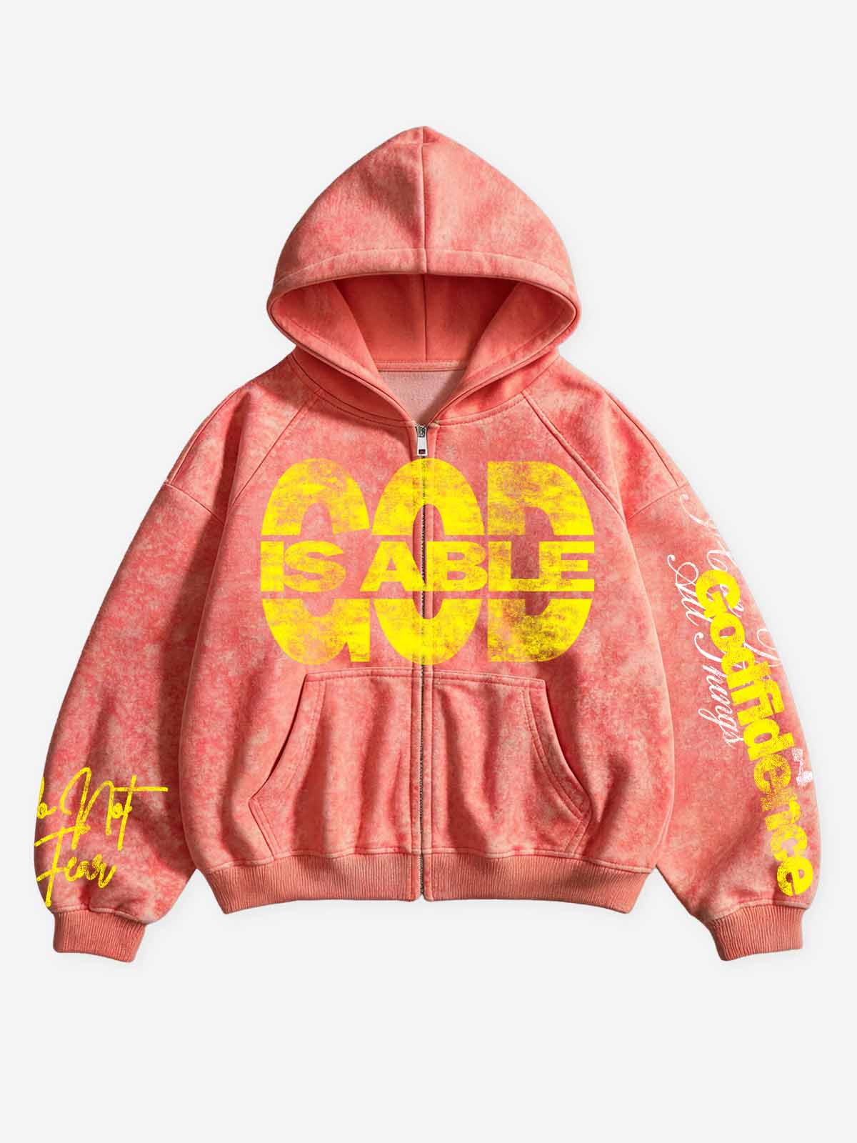 NOISSEY Sunset Pink-Orange Acid Wash "GOD IS ABLE" Slogan Zip-Up Hoodie