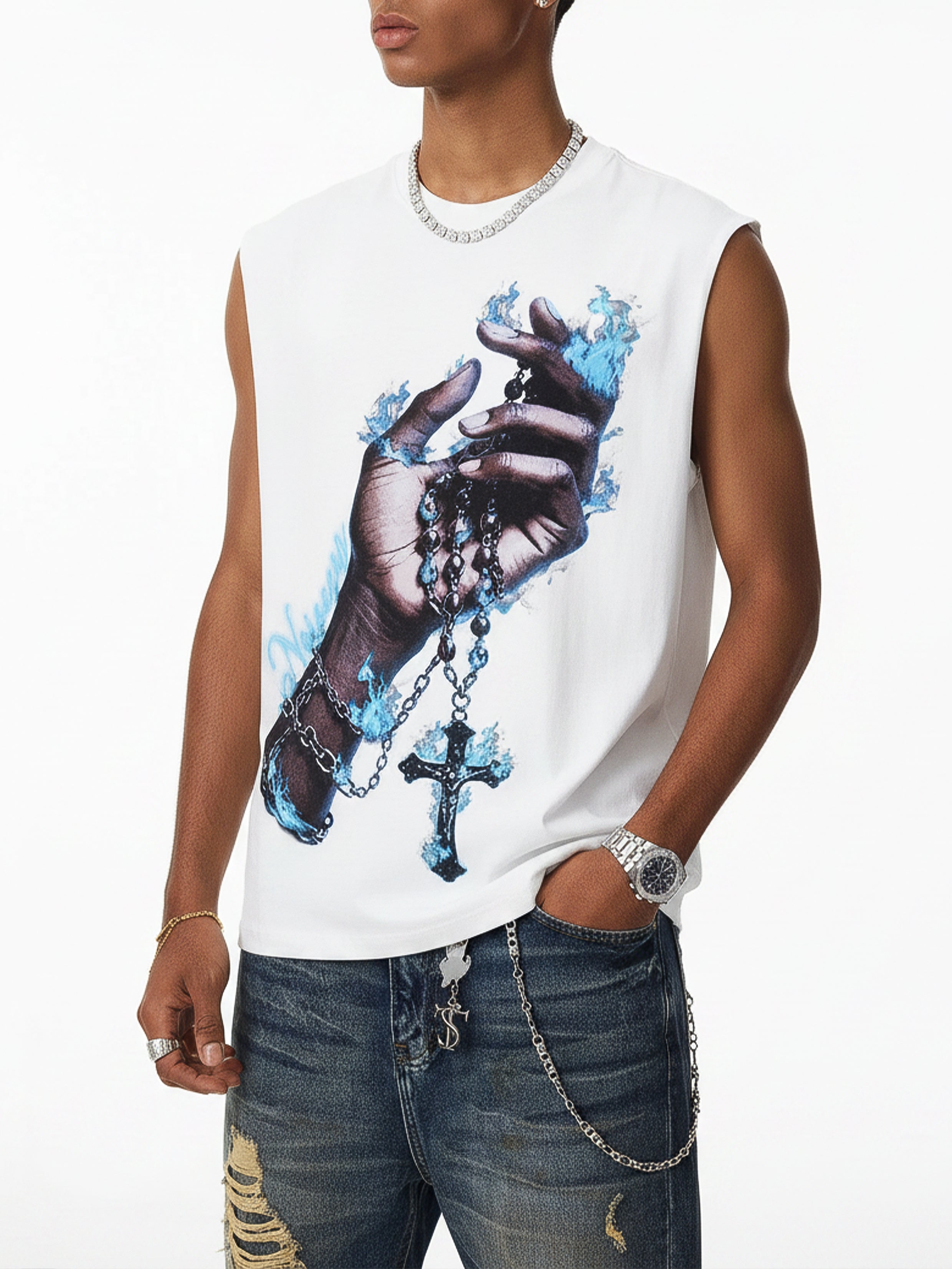 NOISSEY "Eternal Flame" Blue Fire Cross & Rosary Graphic Sleeveless Tank - Cream White