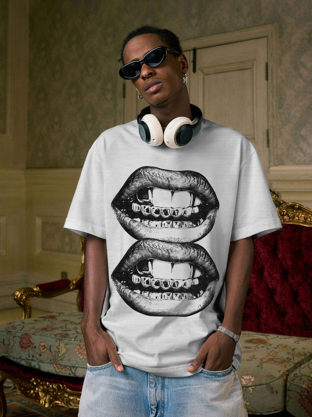 High Quality Noissey Vintage Black & White Lip Print 310g T-shirt GRAY