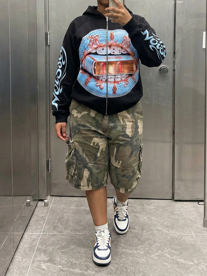 NOISSEY Light Blue Stitched Leather Lips & Holy Scripture Bible Zip-Up Black Hoodie