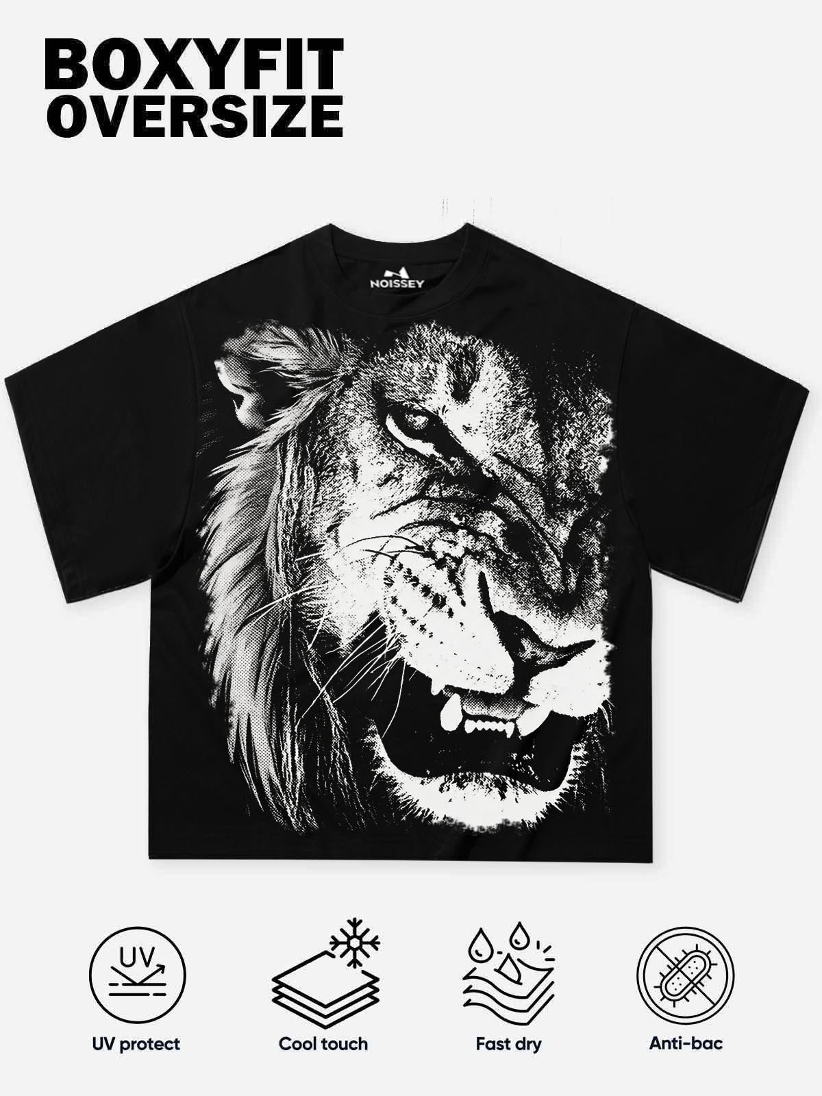 NOISSEY Monochrome Lion Halftone Graphic Boxy Tee - Streetwear T-Shirt