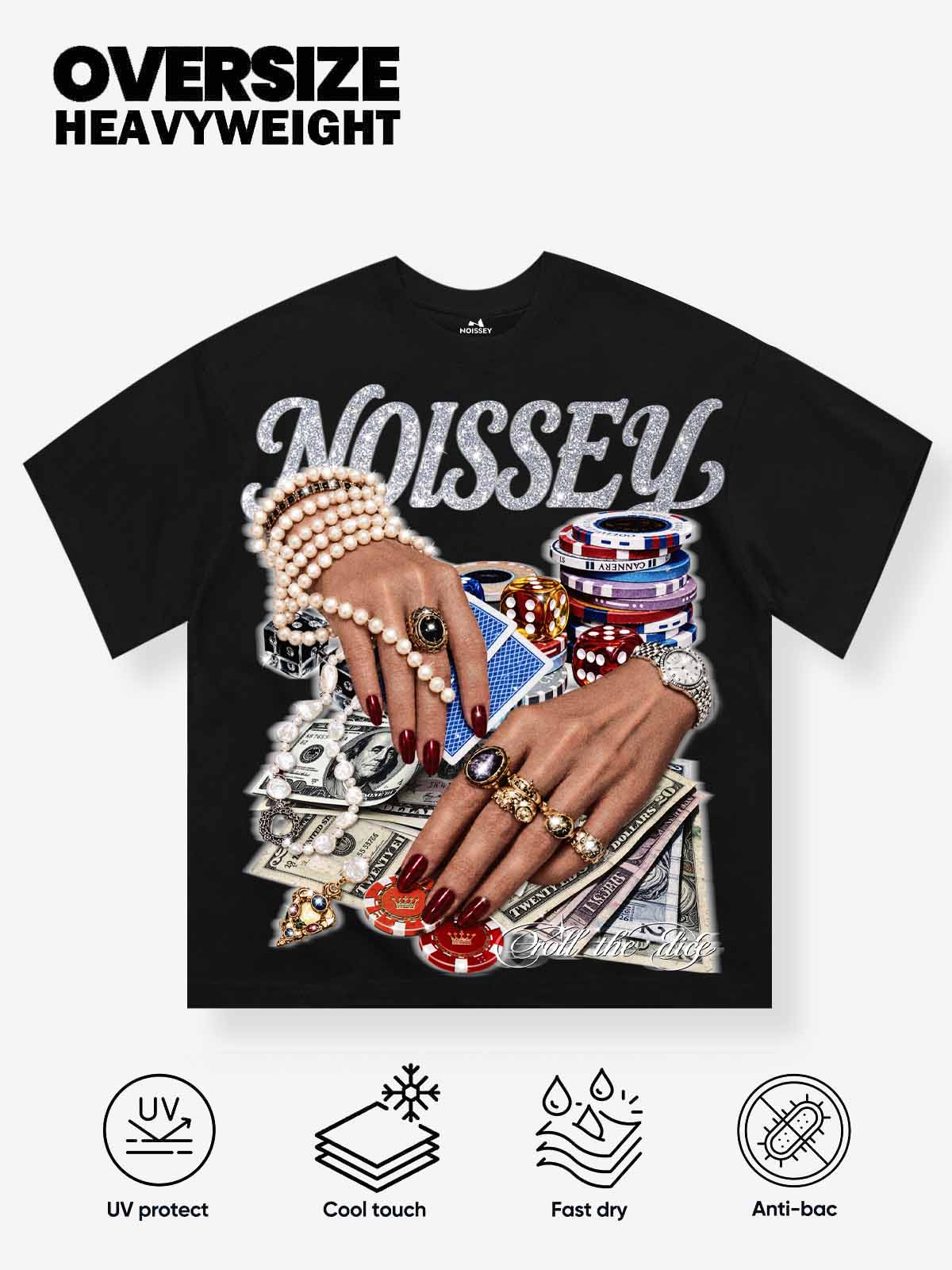 NOISSEY "High Roller" Pearl Bracelets & Poker Hands Graphic Black Oversized T-Shirt