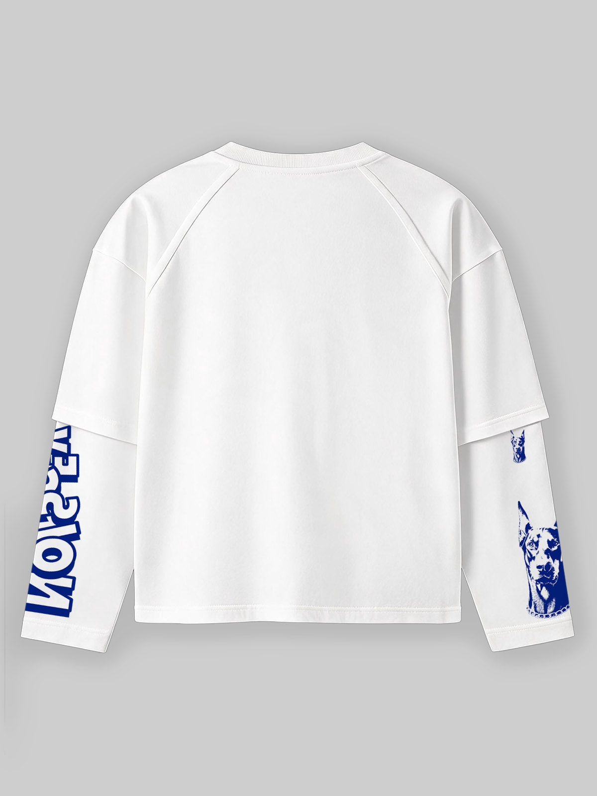 NOISSEY "Get Money Or Nothing" Blue-Tone Leopard Girl &amp; Doberman Fake Two-Piece Long-Sleeve Tee