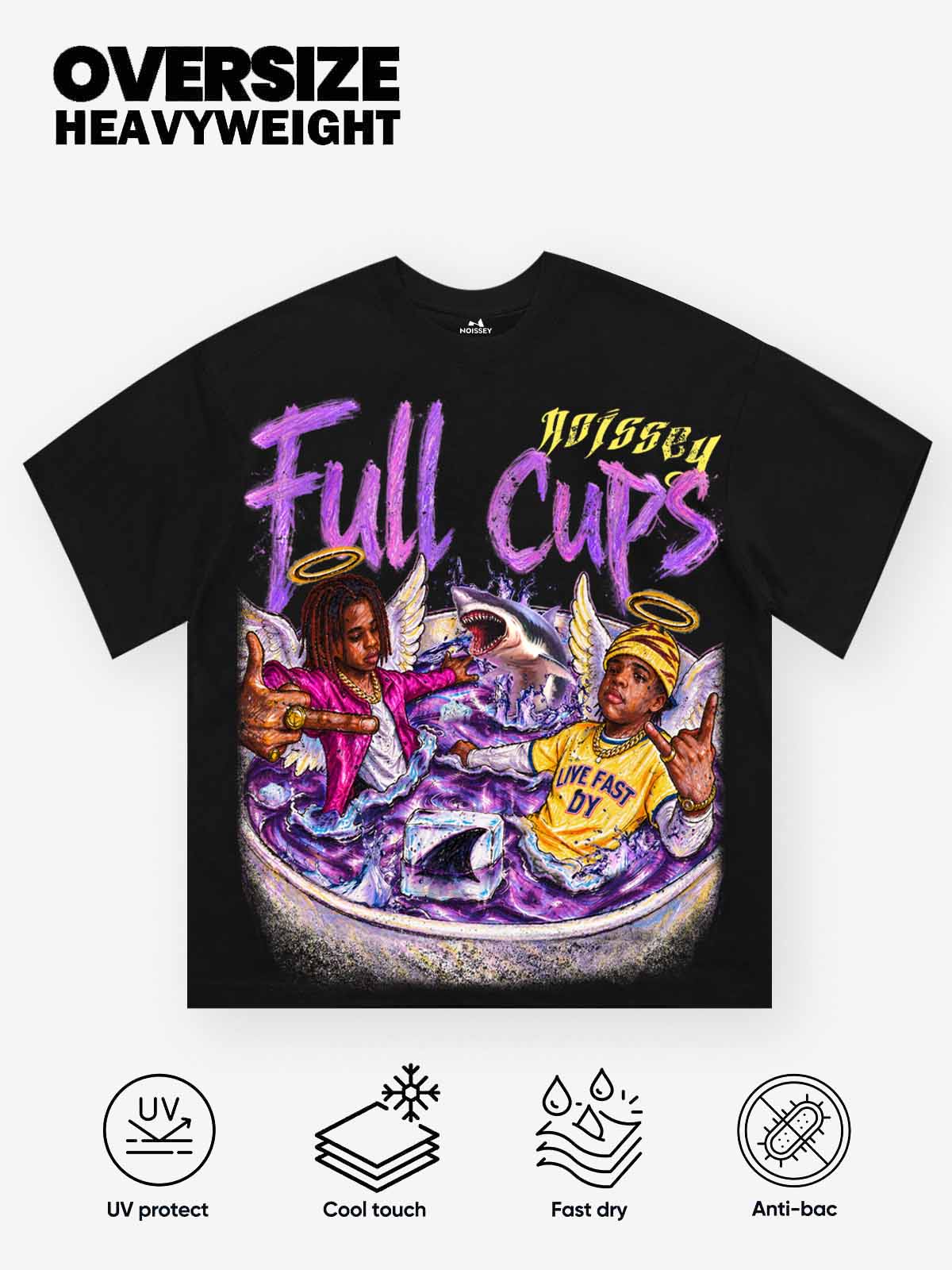 NOISSEY "Full Cups" Hip-Hop Angels & Shark Purple Cup Graphic Black T-Shirt