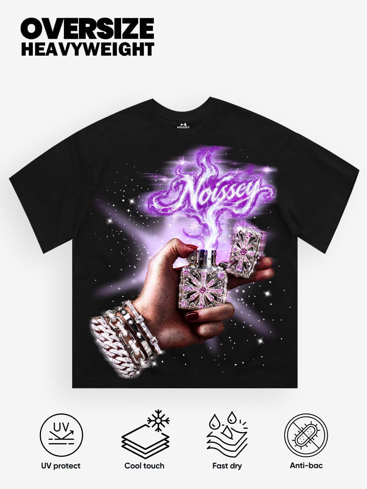 NOISSEY "Purple Flame & Iced-Out Lighter" Black Oversized Tee