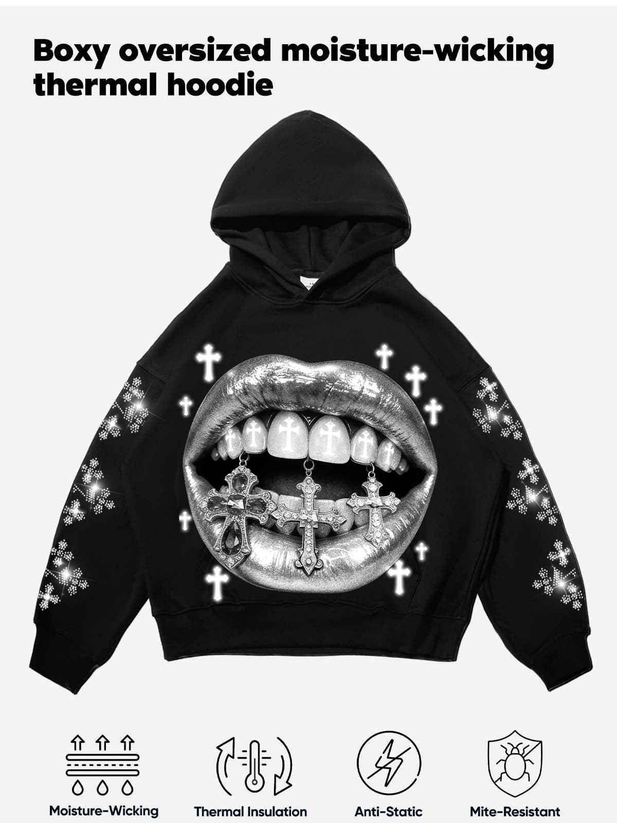 NOISSEY "Silver Sanctuary" Iced-Out Cross Graphic Hoodie - Midnight Black