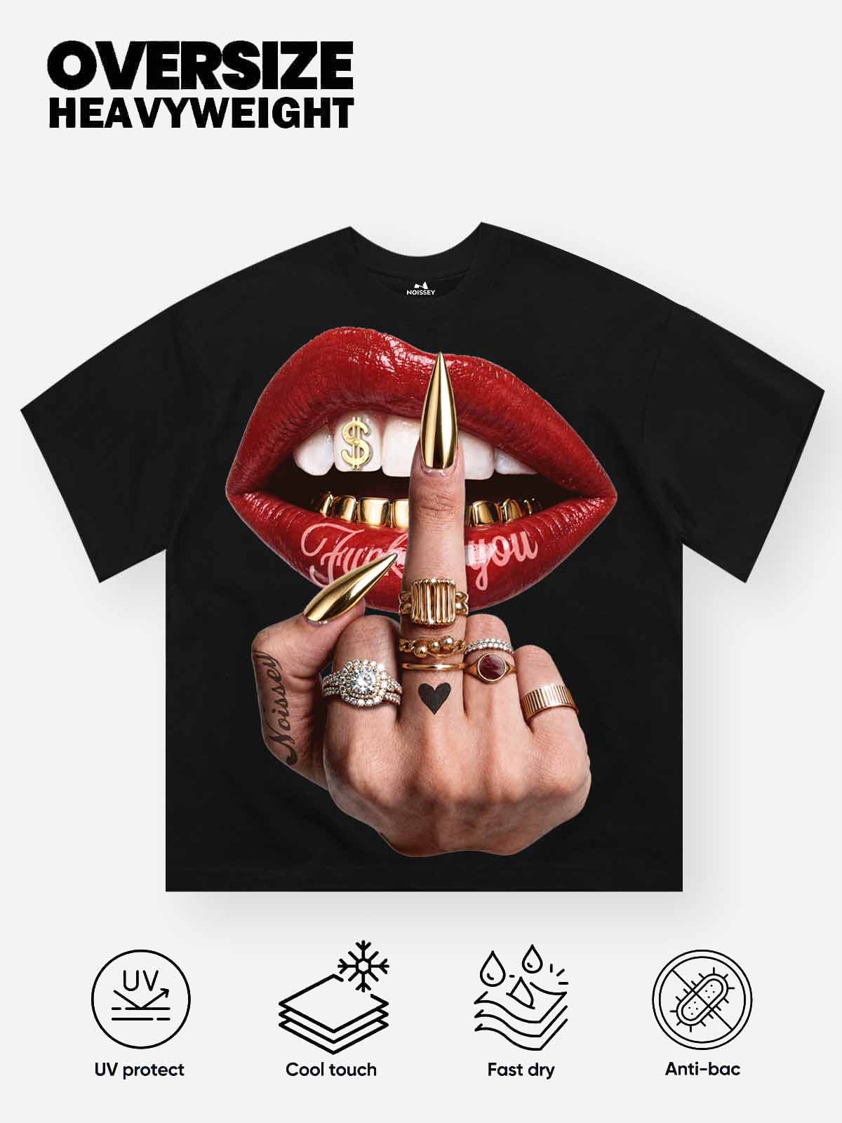 NOISSEY "Attitude & Gold Grillz" Red Lips & Stiletto Nails Graphic Black Oversized T-Shirt