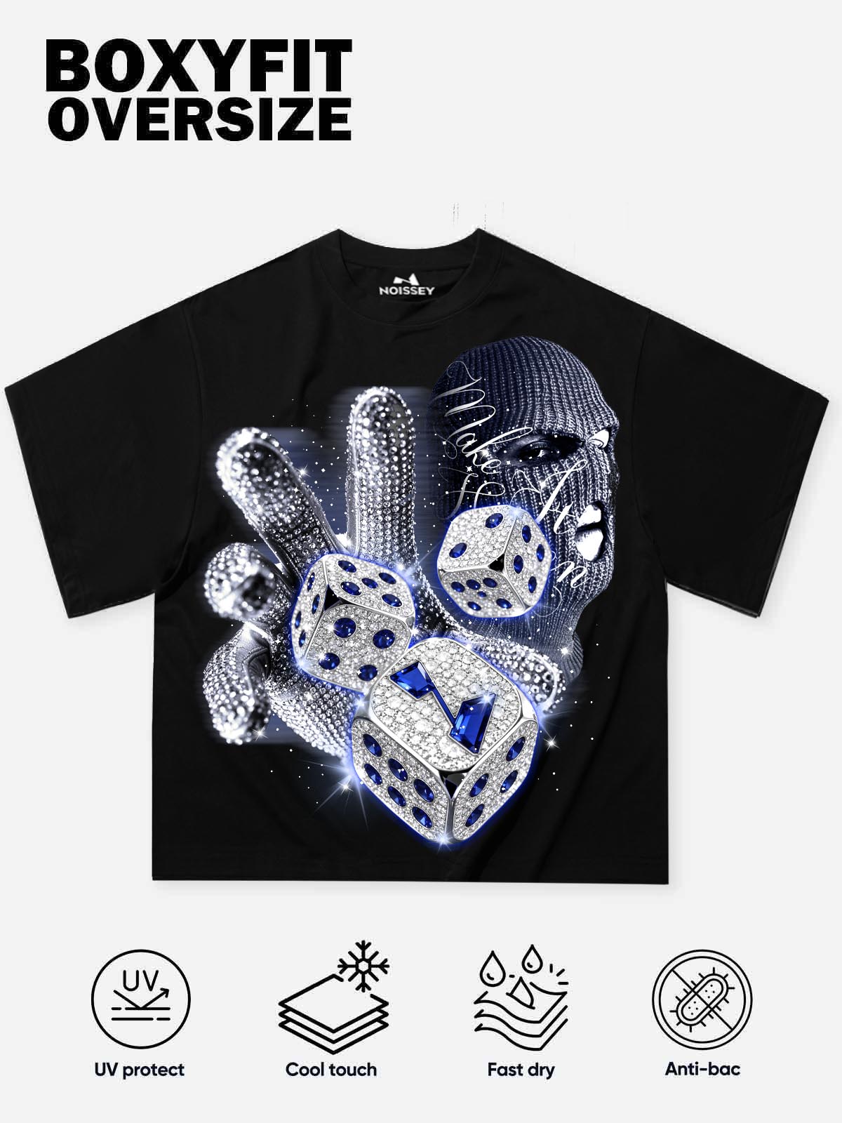 NOISSEY "Make It Happen" Iced-Out Ski Mask & Diamond Dice Black Boxy Tee