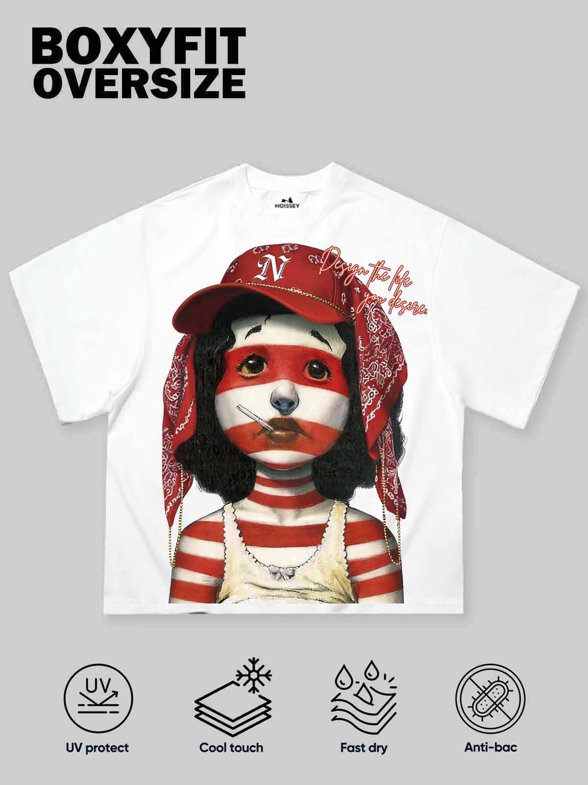 NOISSEY Red Bandana Striped Girl Oil Painting Graphic Boxy Tee - White Heavyweight Streetwear Shirt