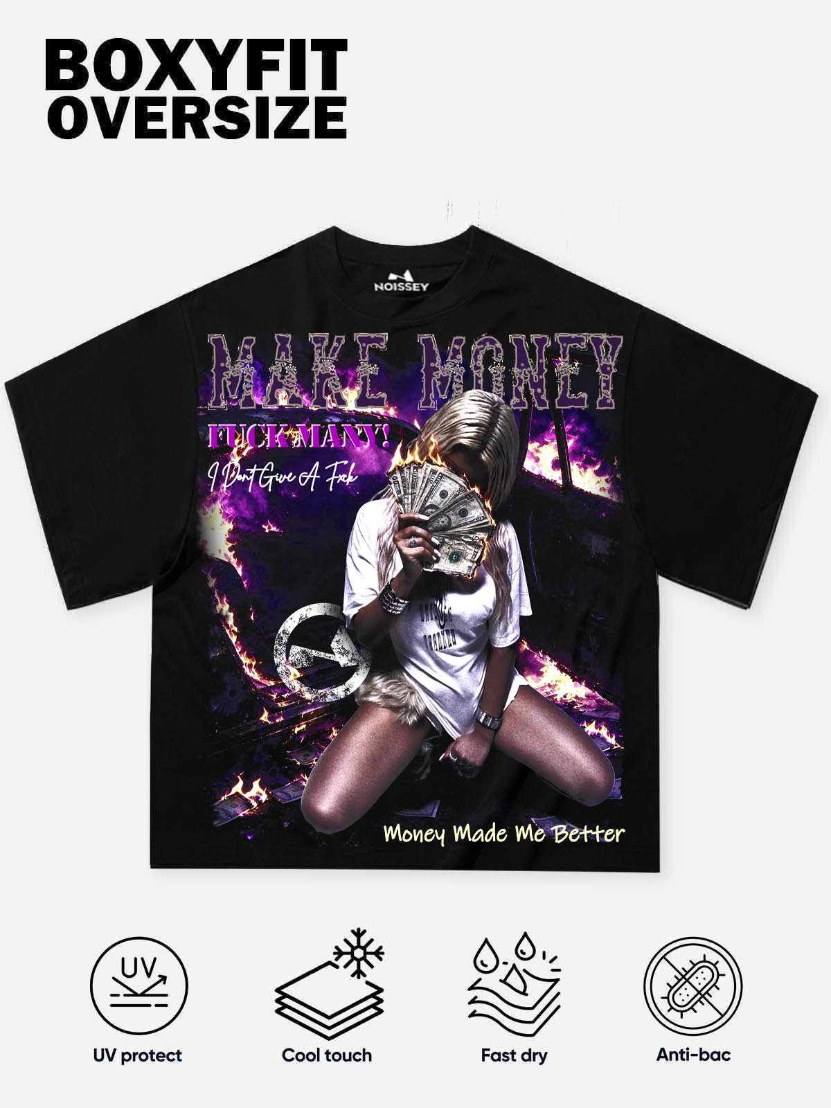 NOISSEY "Make Money" Fire Cash Girl Vintage Hip-Hop Black Short-Sleeve Tee