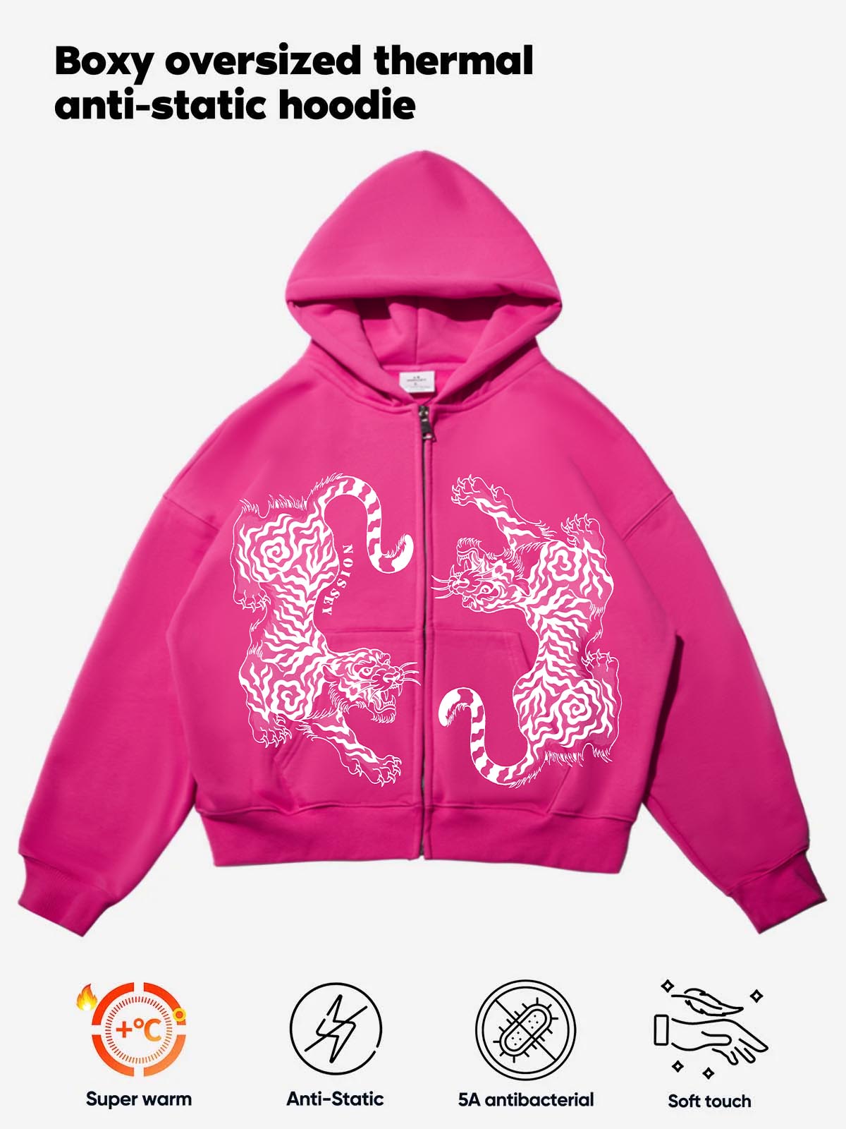 Pink Warm Printed Boxy Hoodie with Shadow Puppet Tige