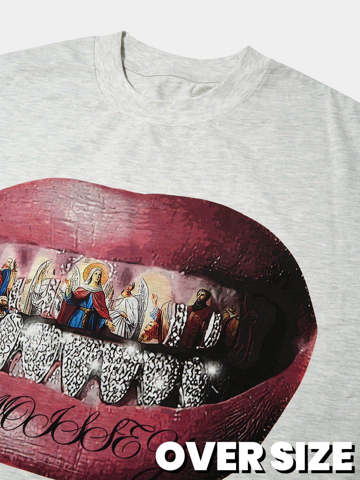 High-Quality Religious Madonna Glitter Lip Print T-Shirt - 310g