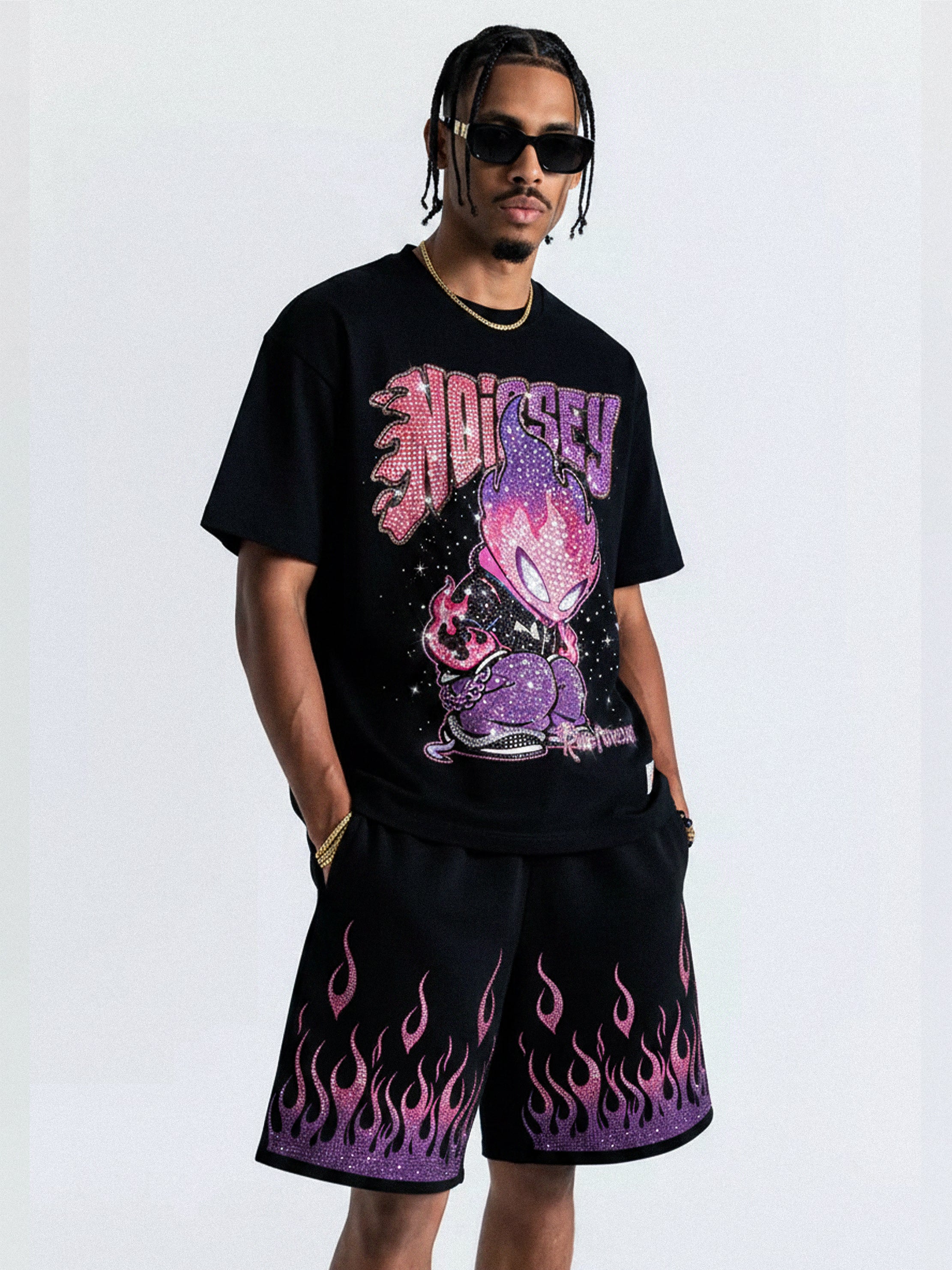 NOISSEY "NEON EMBERS" GRADIENT DIAMOND FLAME OVERSIZED SHORTS