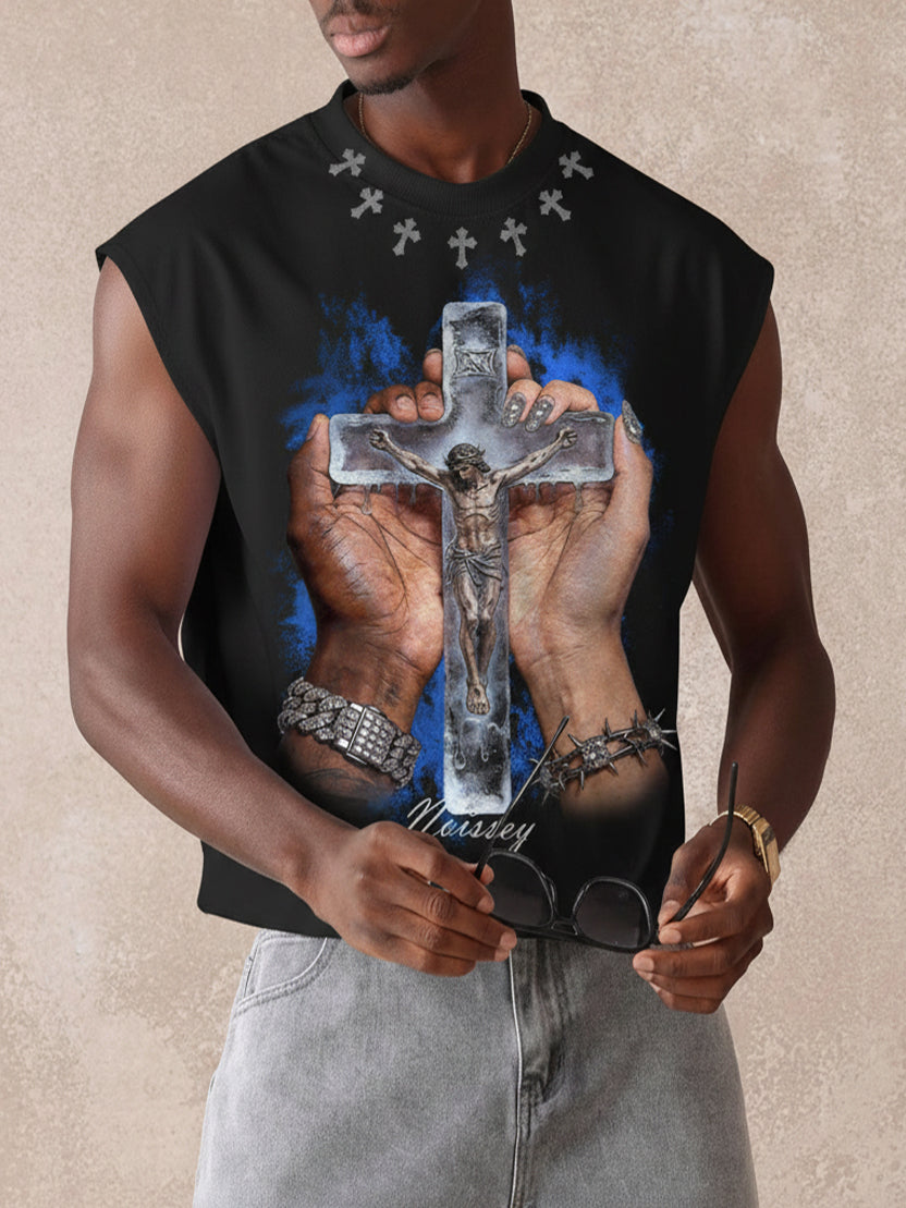 NOISSEY "FROZEN FAITH" ICED JESUS CRUCIFIX GRAPHIC TANK TOP