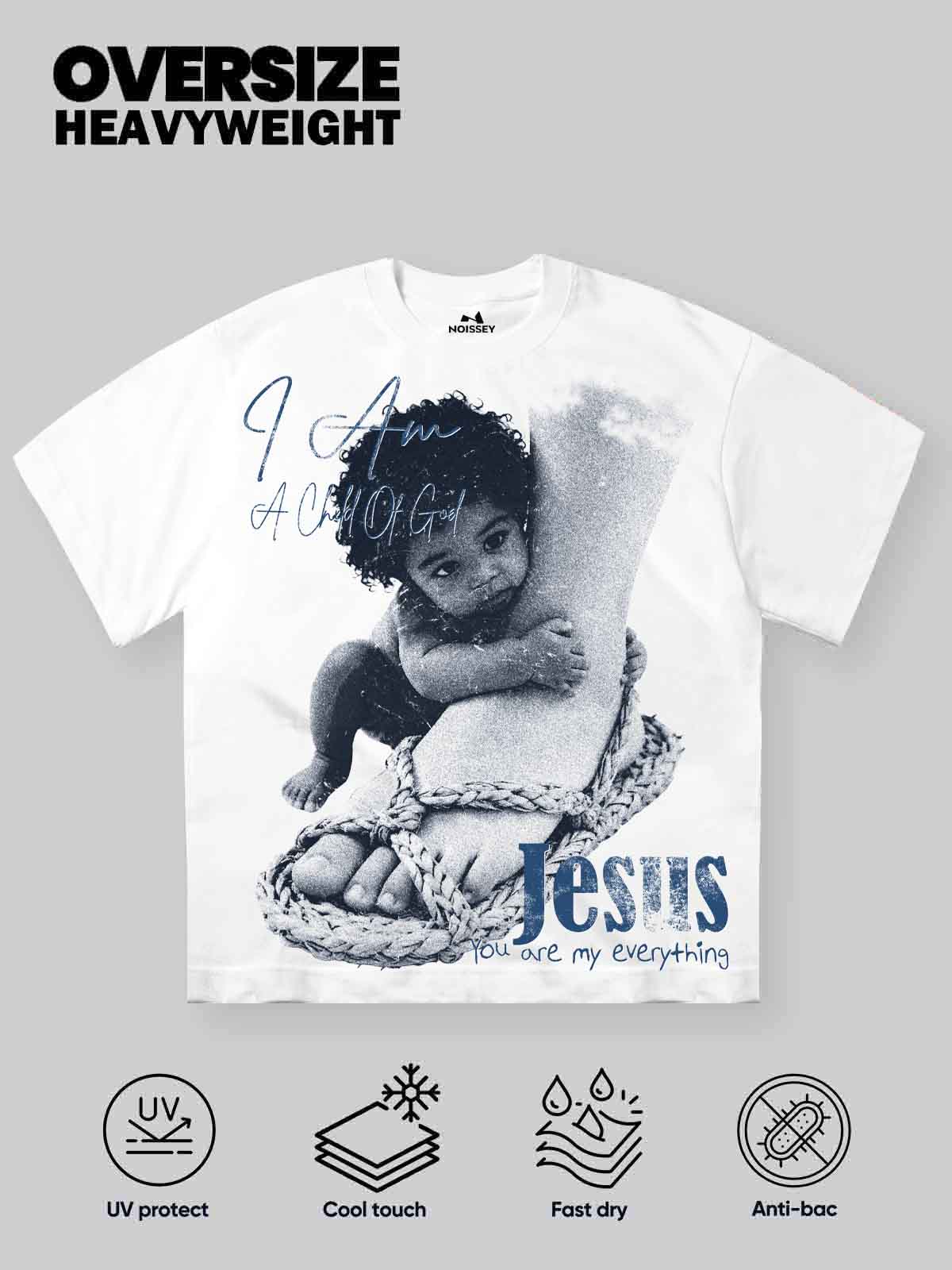 NOISSEY "Child of God" Embracing Jesus Faith Graphic White Oversized T-Shirt
