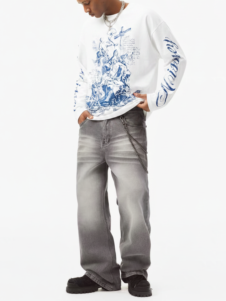NOISSEY Blue Pieta Religious Woodcut Print Long Sleeve T-Shirt - White