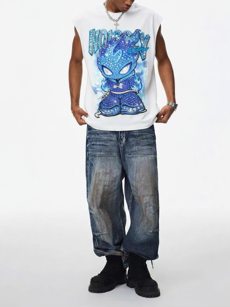NOISSEY "Blue Ice Flame" Iced-Out Character Tank Top - Heavyweight White