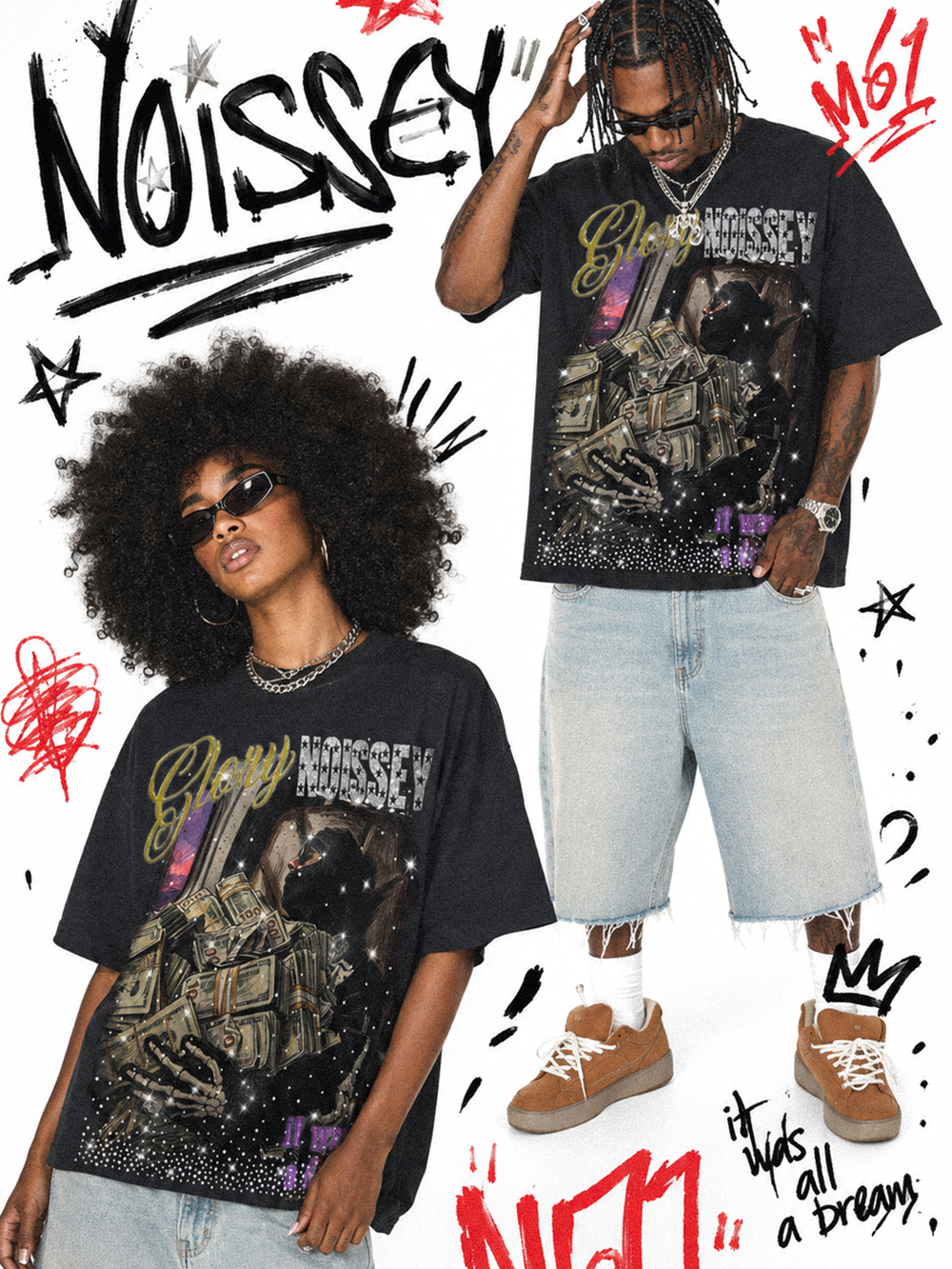 NOISSEY "Glory Dream" Private Jet Cash Skeleton Rhinestone Oversized Tee