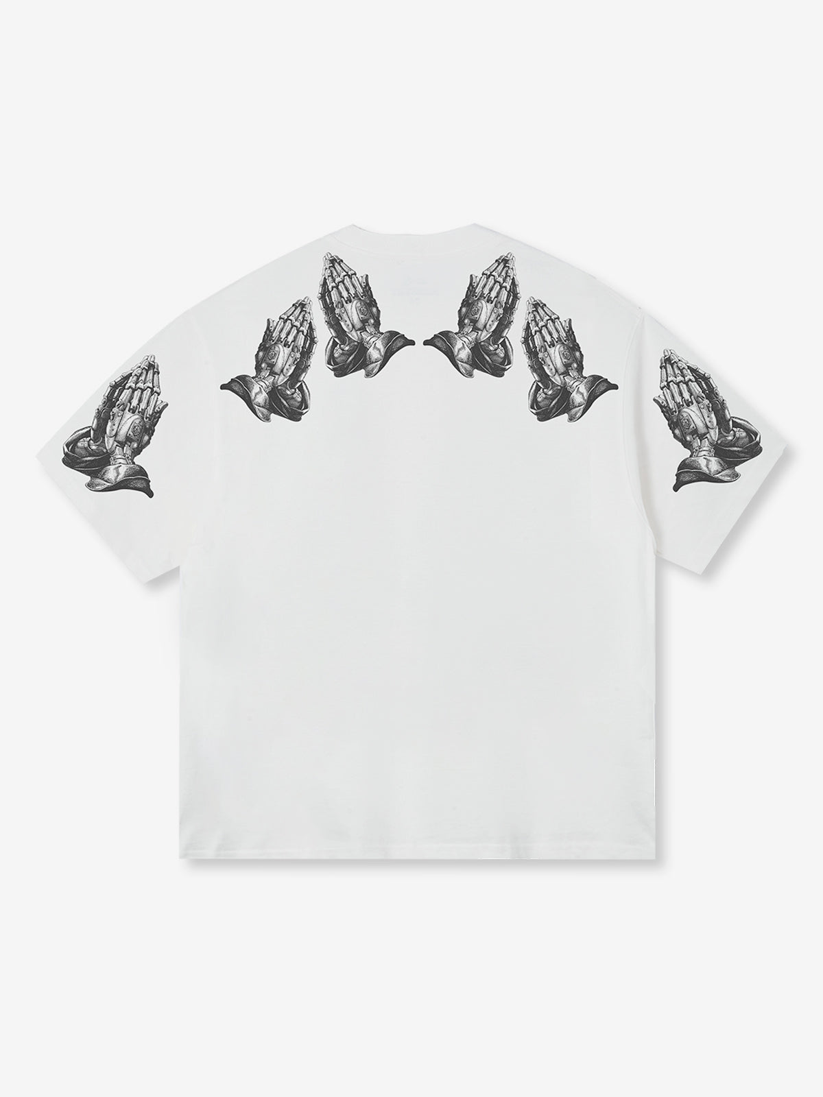 OBSTACLES &amp; DANGERS© T-Shirt mit Aufdruck „Metal Prayer Hands“.