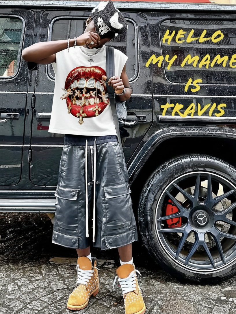 NOISSEY "DIVINE KISS" ANGELIC CROSS ICED OUT RED LIPS GRAPHIC TANK TOP