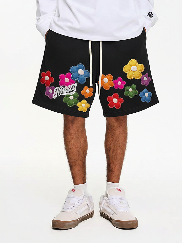 NOISSEY Washed Black Rainbow Flower &amp; Script LOGO Printed Oversized Sweat Shorts