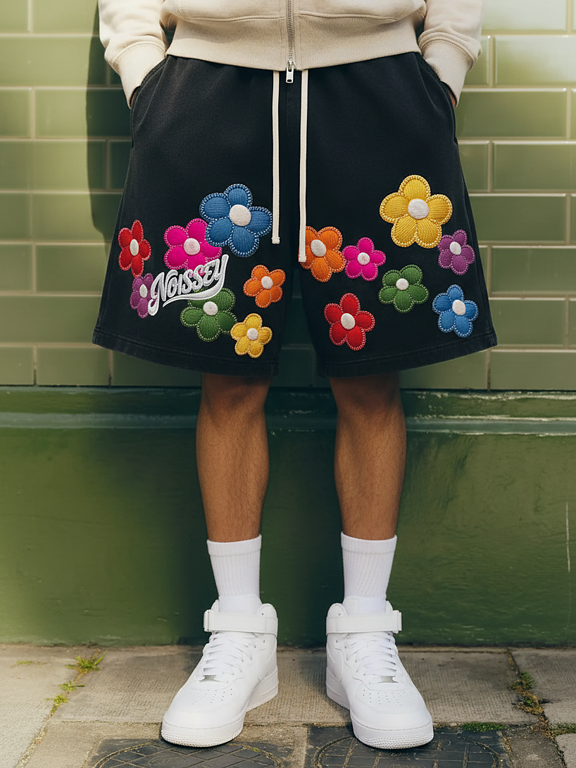 NOISSEY Washed Black Rainbow Flower &amp; Script LOGO Printed Oversized Sweat Shorts