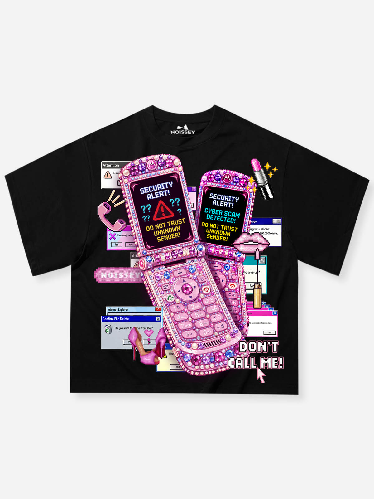 NOISSEY "Y2K Cyber Glitch" Pink Flip Phone Cropped Boxy T-Shirt - Black
