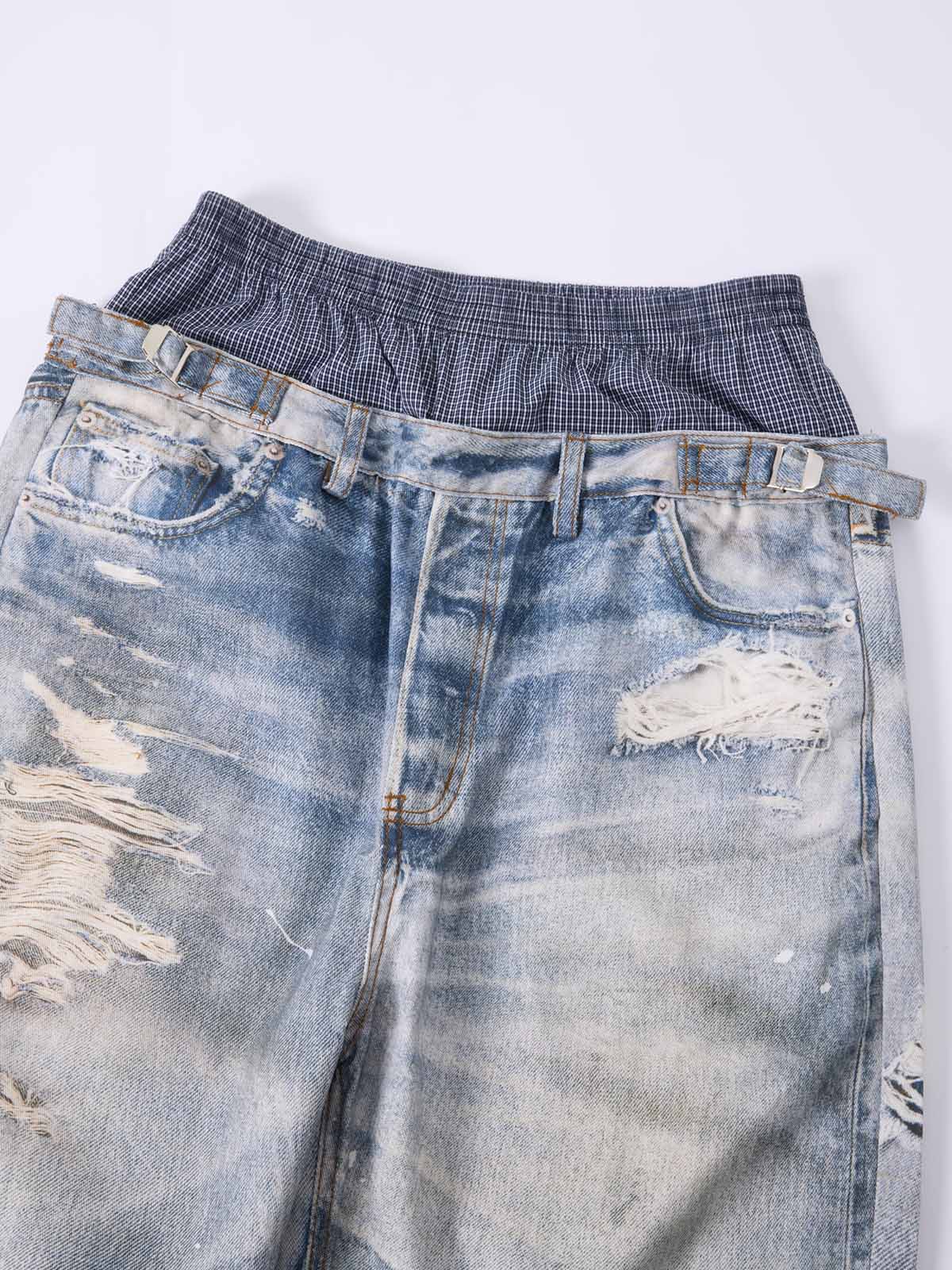 NOISSEY West Coast Double Waist Distressed Denim Texture Pants