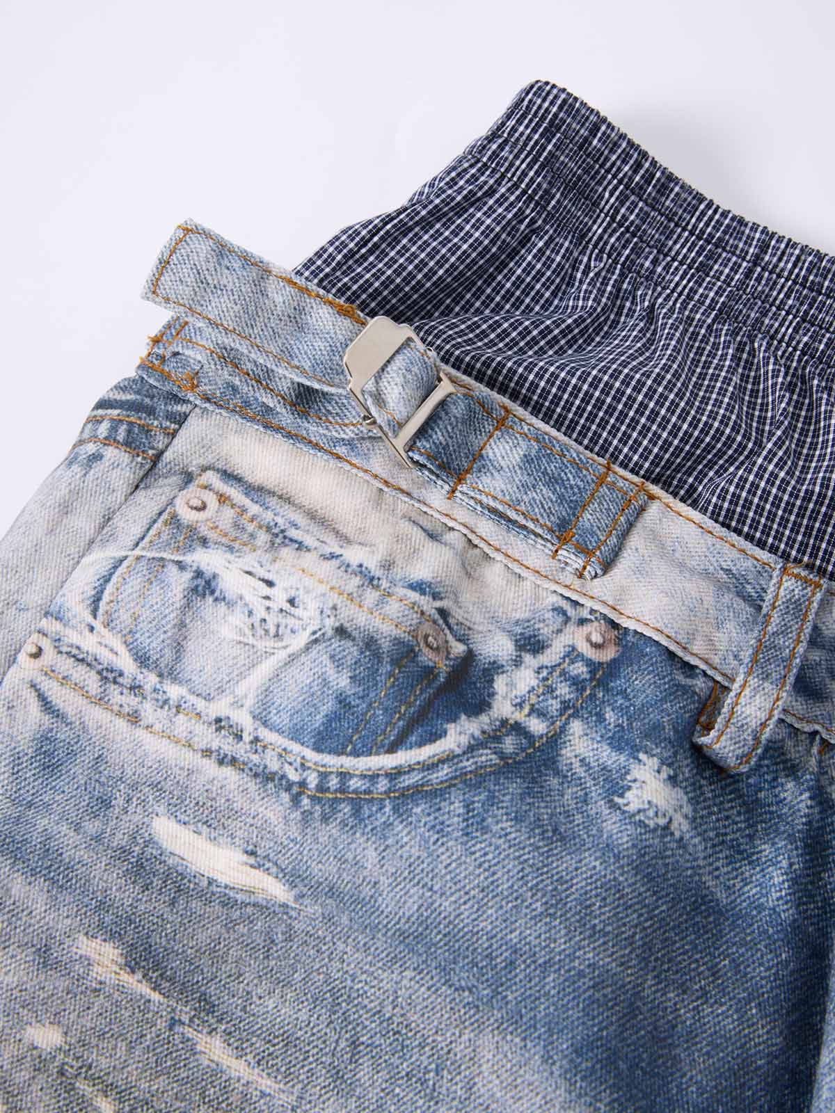 NOISSEY West Coast Double Waist Distressed Denim Texture Pants