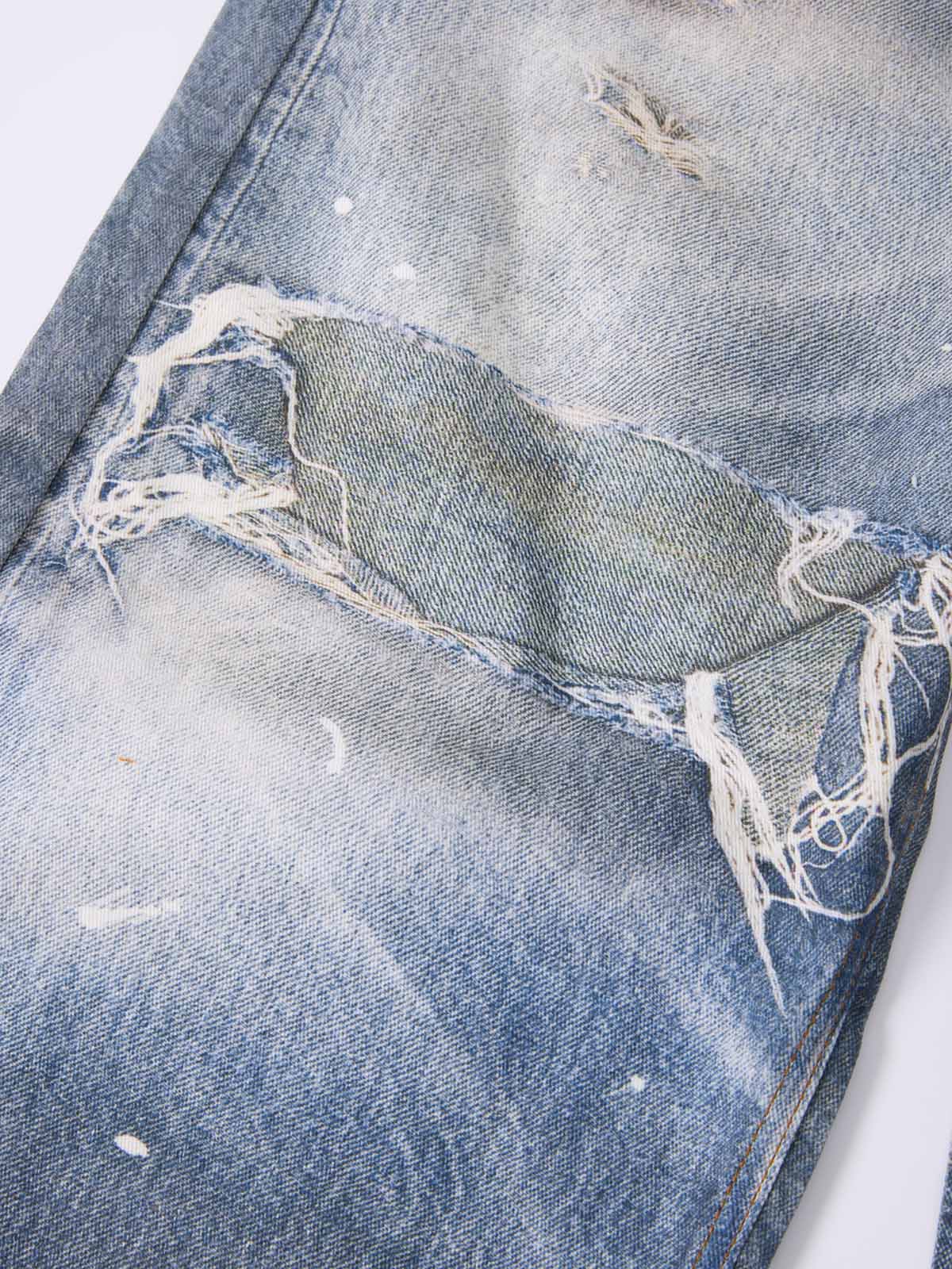 NOISSEY West Coast Double Waist Distressed Denim Texture Pants