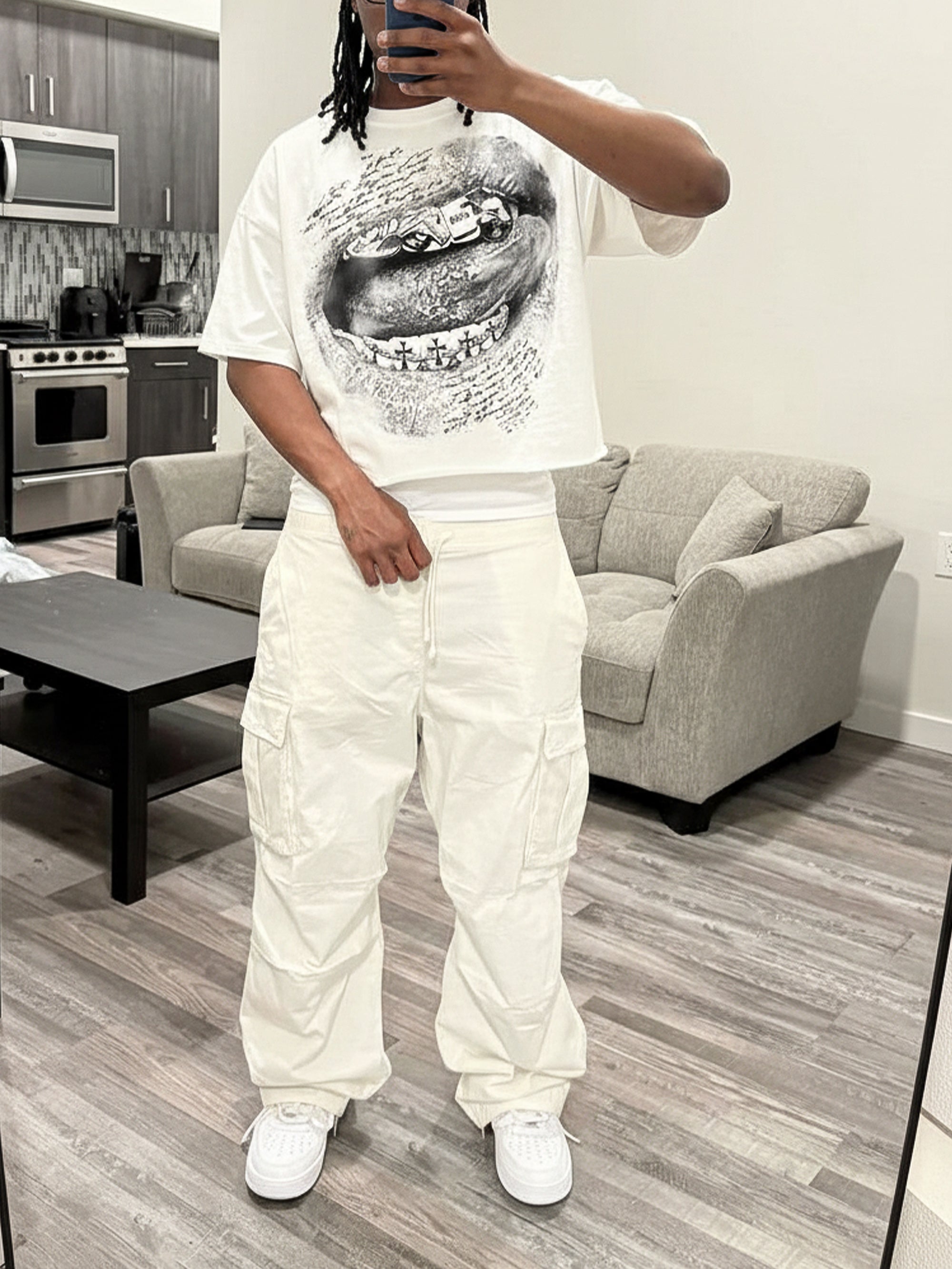 NOISSEY "Sacred Desires" Cross Grillz & Bible Lip Art Boxy Tee - Pure White