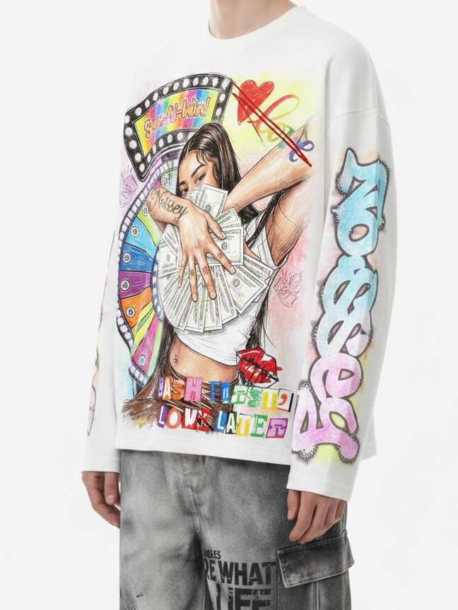 NOISSEY Langarm-Sweatshirt mit Glücksrad und Frauenporträt mit Dollar-Motiv – zwei Farben