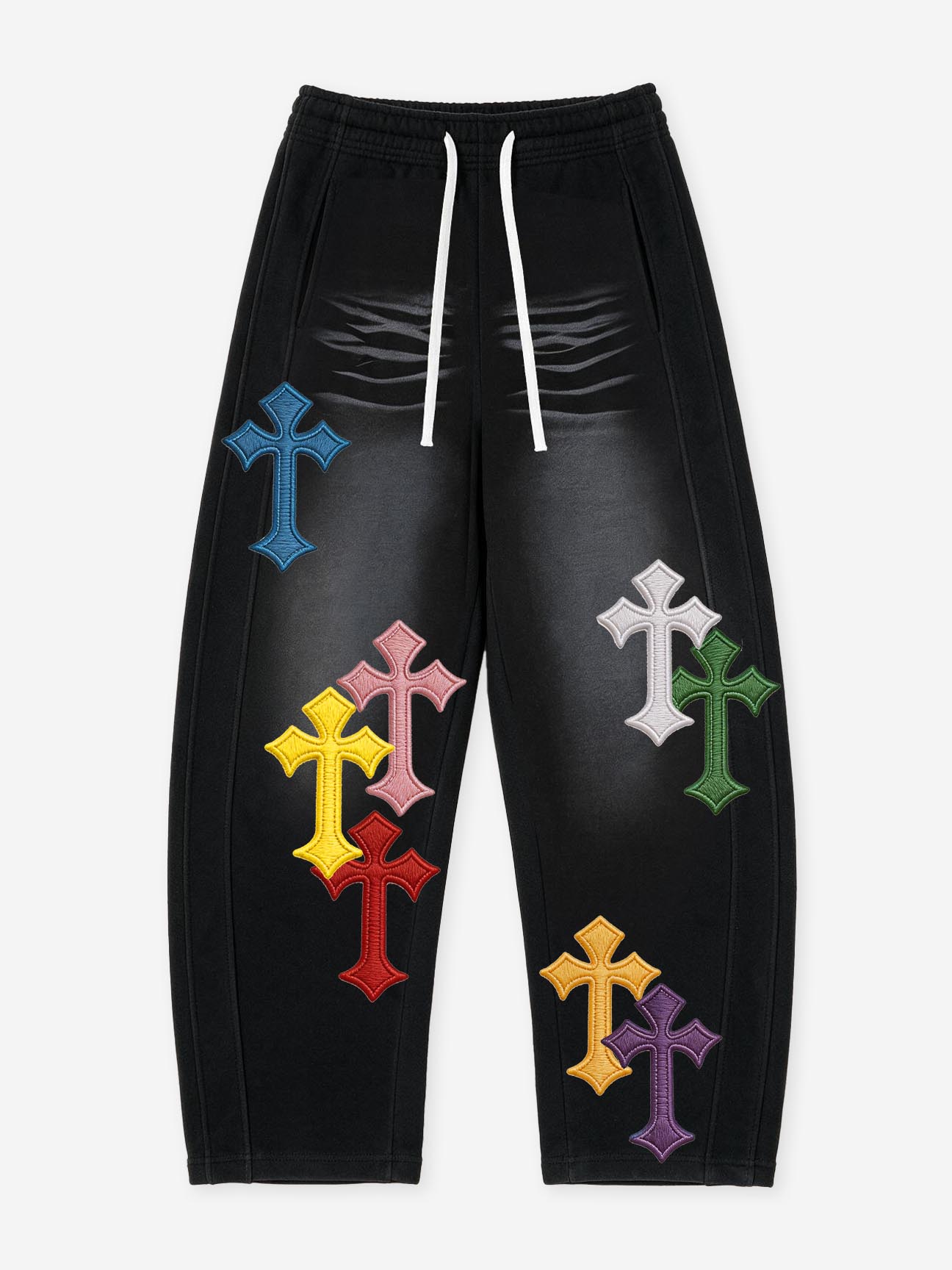 NOISSEY "Multi-Color Faux-Embroidery Cross" Curved Long Pants