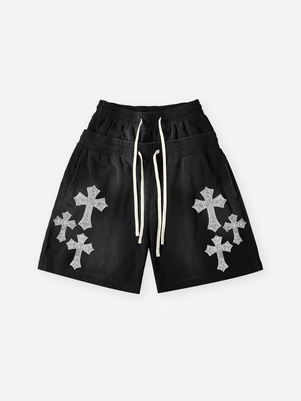 NOISSEY Rhinestone Gothic Cross Heavy Sweat Shorts - 4 Colors Available