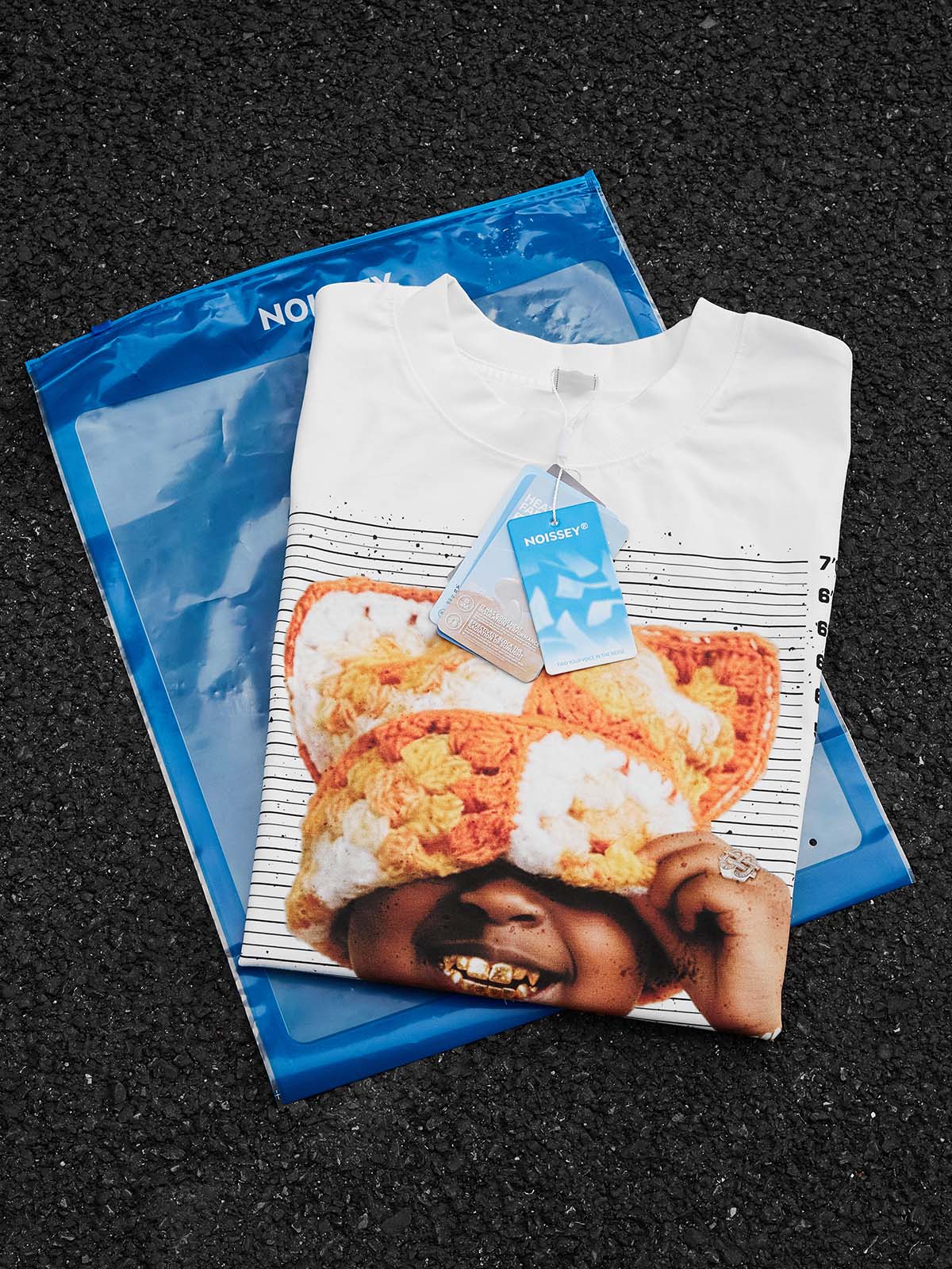 NOISSEY "Urban Mischief" Cat-Ear Beanie Graphic T-Shirt - White