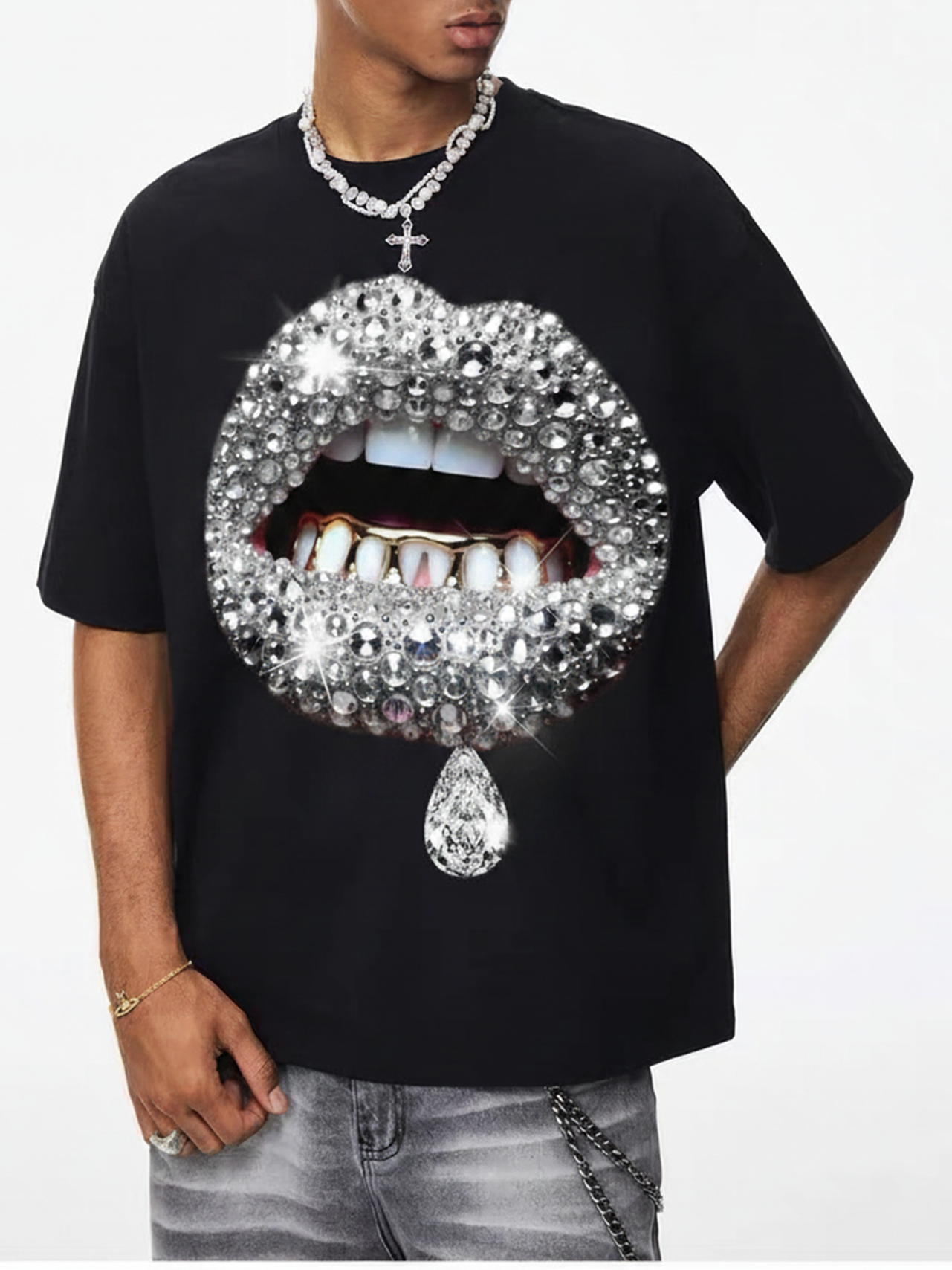 NOISSEY Premium Grey Diamond Lip T-Shirt - Phantom Black 350G Heavyweight Oversized Fit