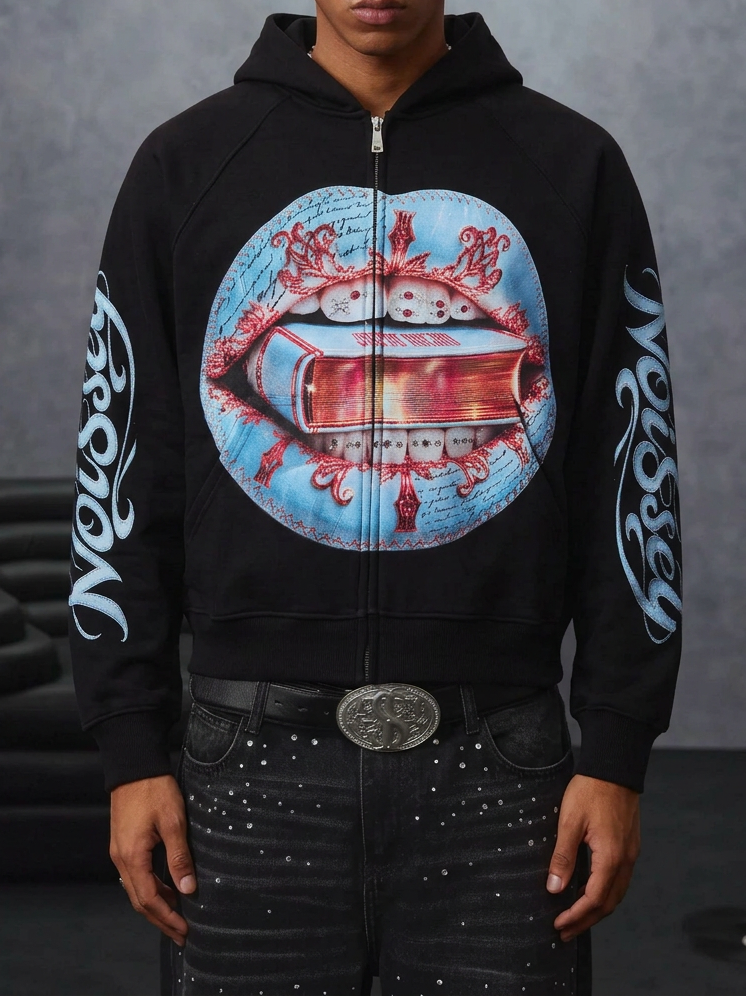 NOISSEY Light Blue Stitched Leather Lips & Holy Scripture Bible Zip-Up Black Hoodie
