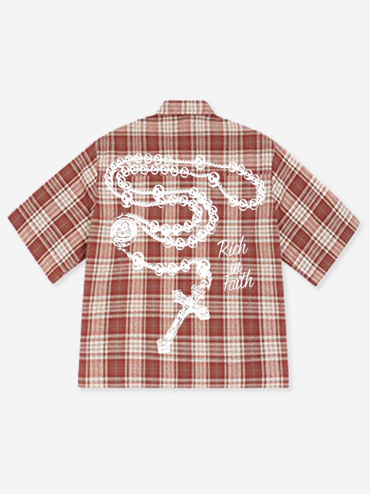 NOISSEY "Rich in Faith" Vintage Plaid Shirt | Rosary & Cross Back Graphic Oversized Short Sleeve