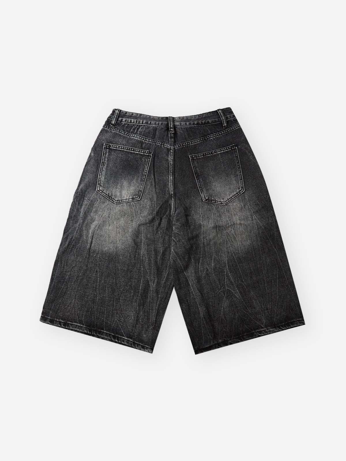 NOISSEY Rhinestone Gothic Cross Washed Denim Shorts - Black