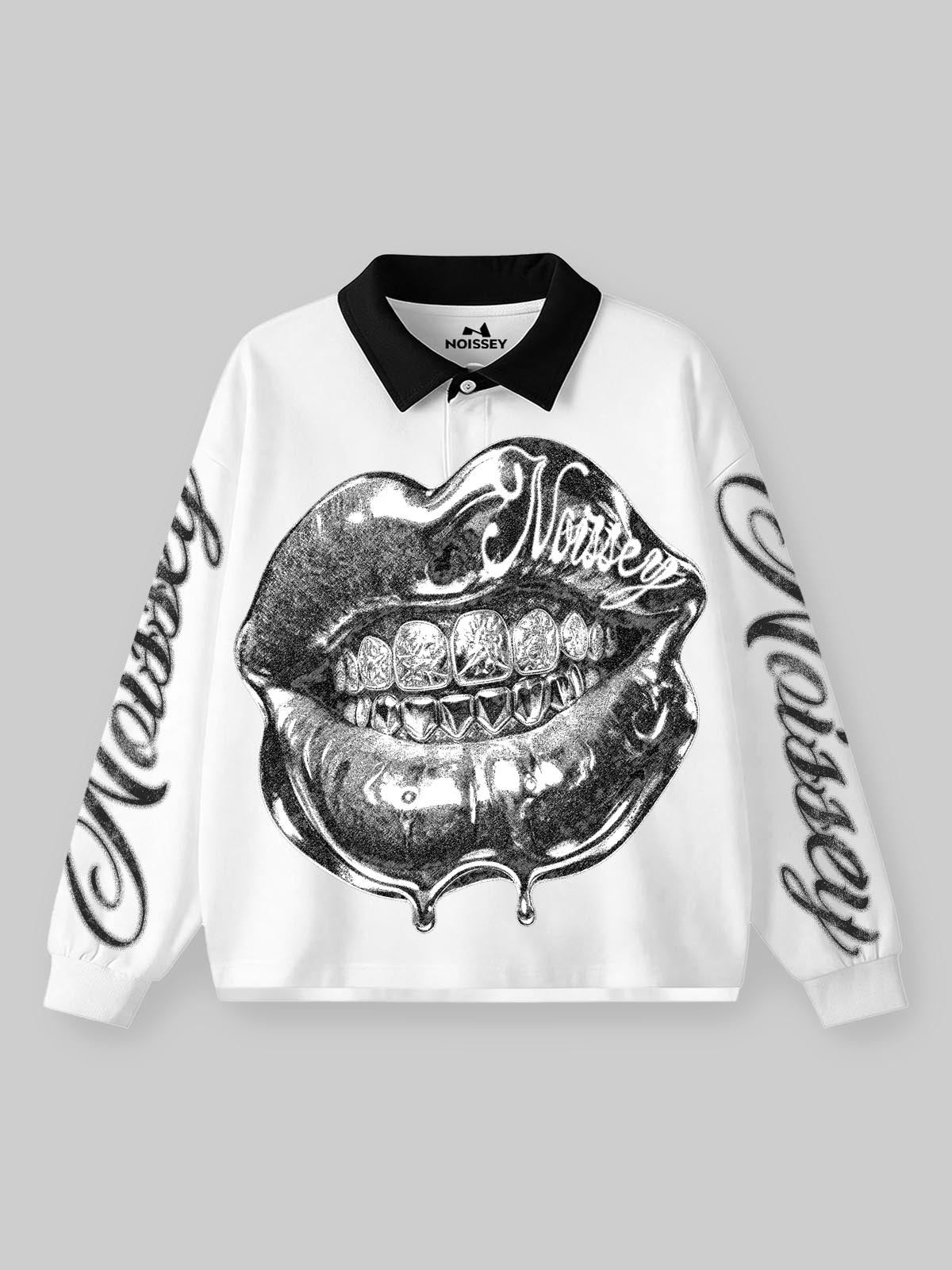 NOISSEY Liquid Chrome Iced-Out Lips Contrast Collar Polo Sweatshirt
