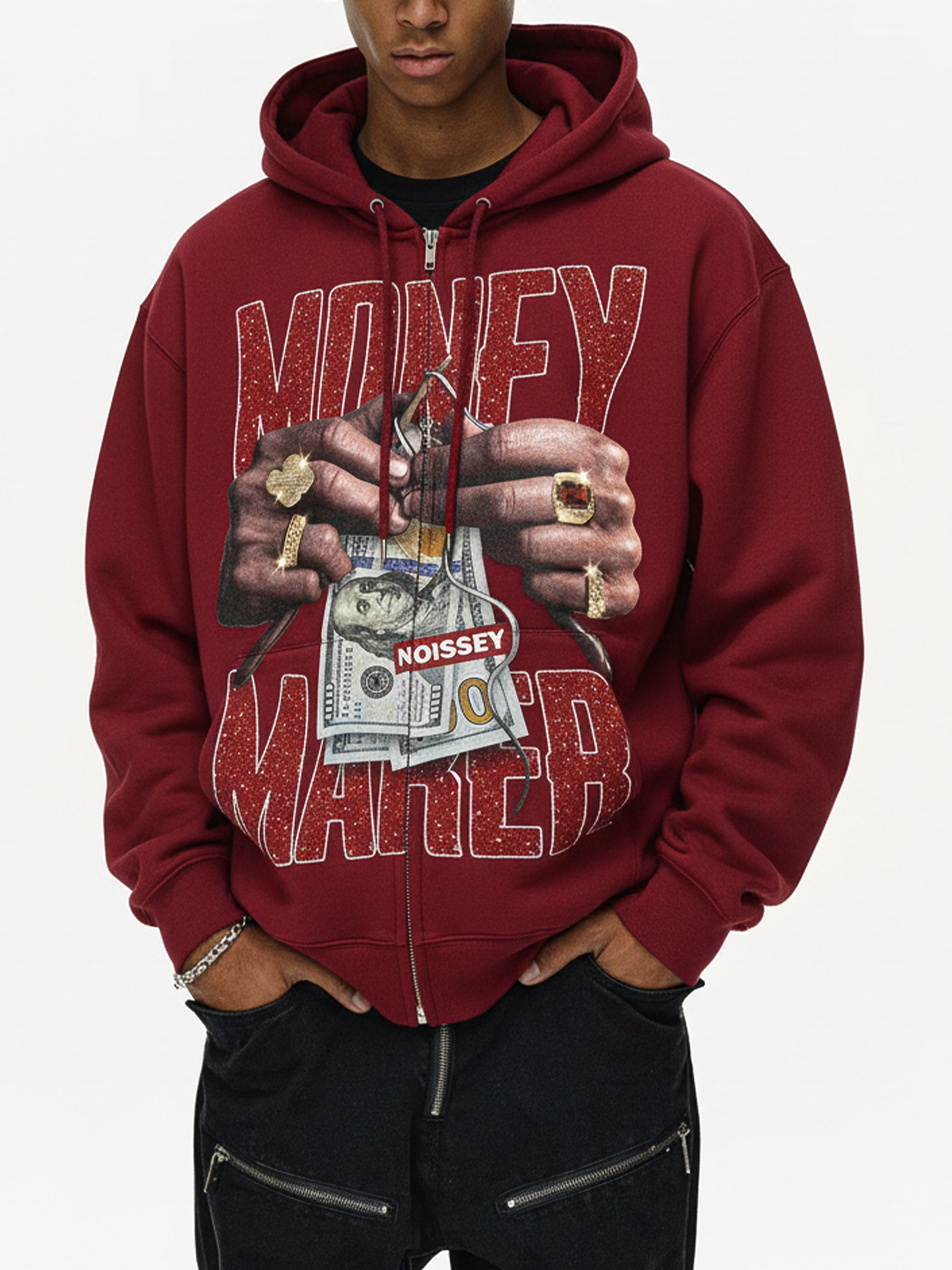 NOISSEY "Money Maker" Rhinestone Zip-Up Hoodie - Deep Red