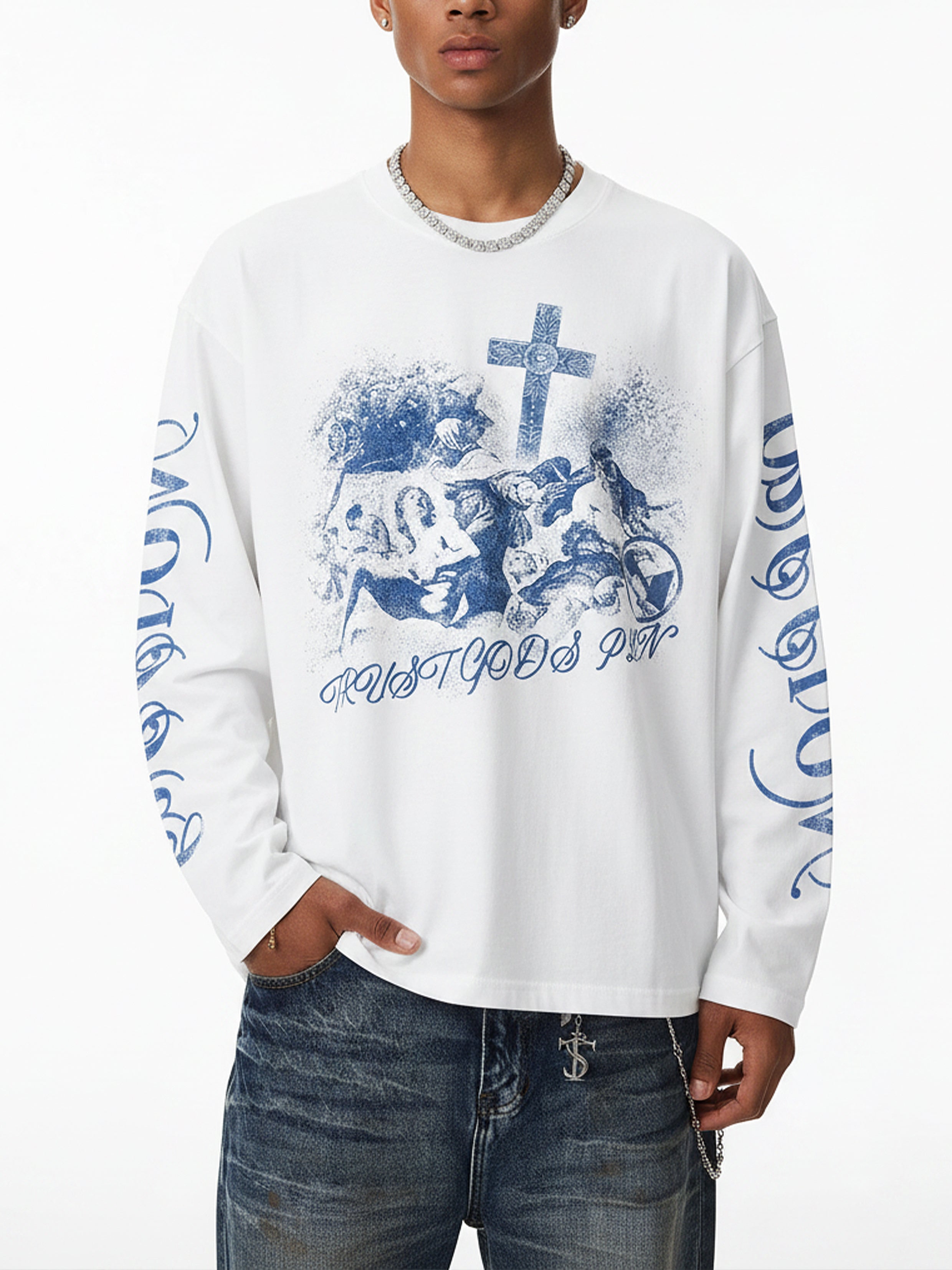 NOISSEY "Trust God's Plan" Archival Print Crewneck – Vintage Blue Oversized Long Sleeve