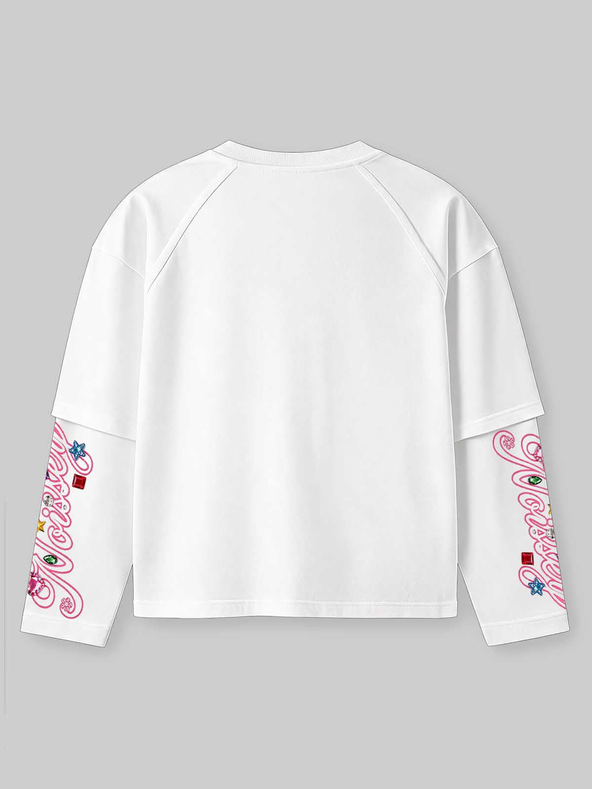 NOISSEY Pink Lips Gemstone Grillz Faux Two-Piece Raglan Sweatshirt - White Y2K Streetwear Crewneck