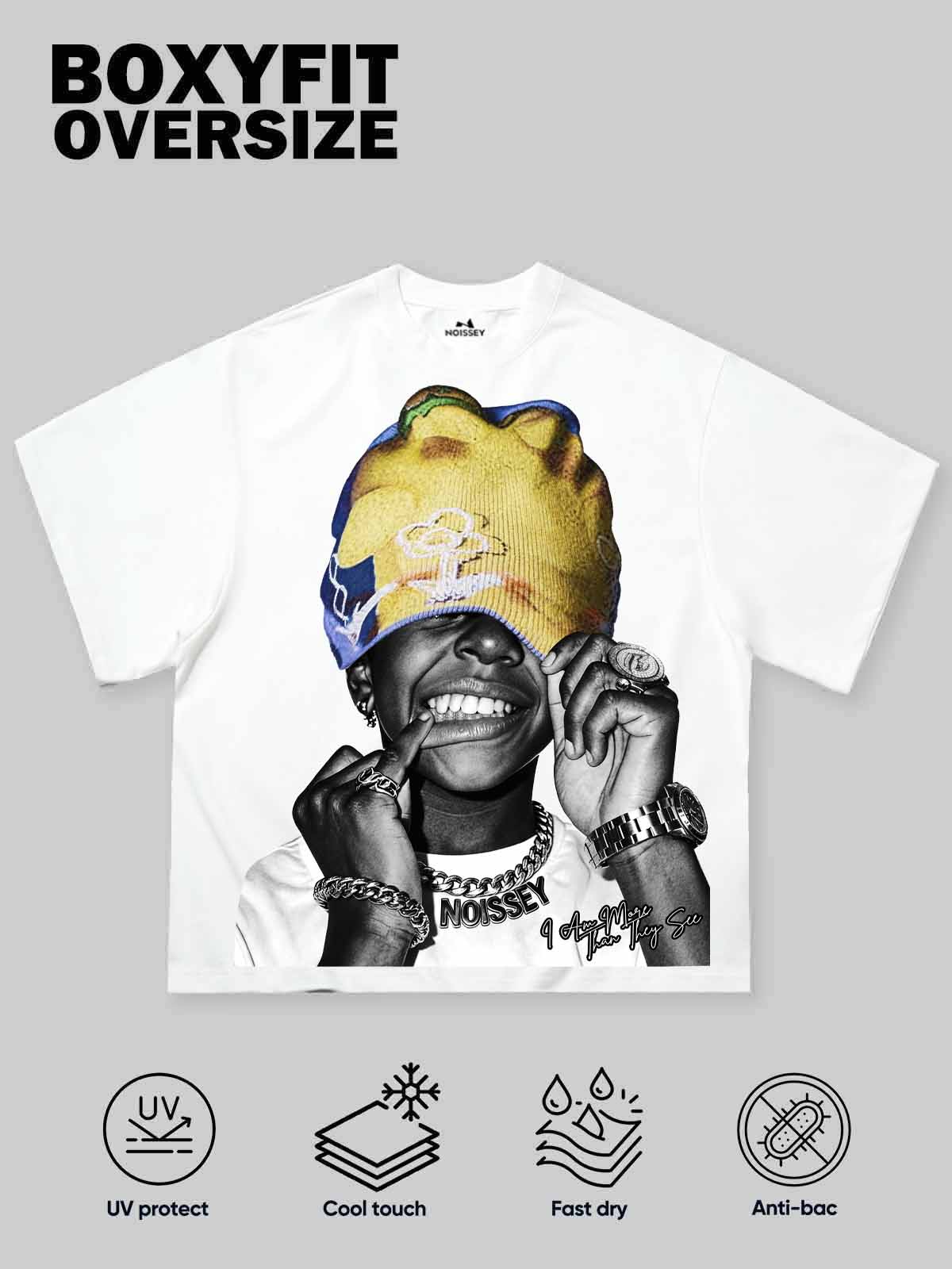 NOISSEY Yellow &amp; Blue Knit Beanie Hip-Hop Boy Graphic Boxy Tee - White Heavyweight Streetwear T-Shirt