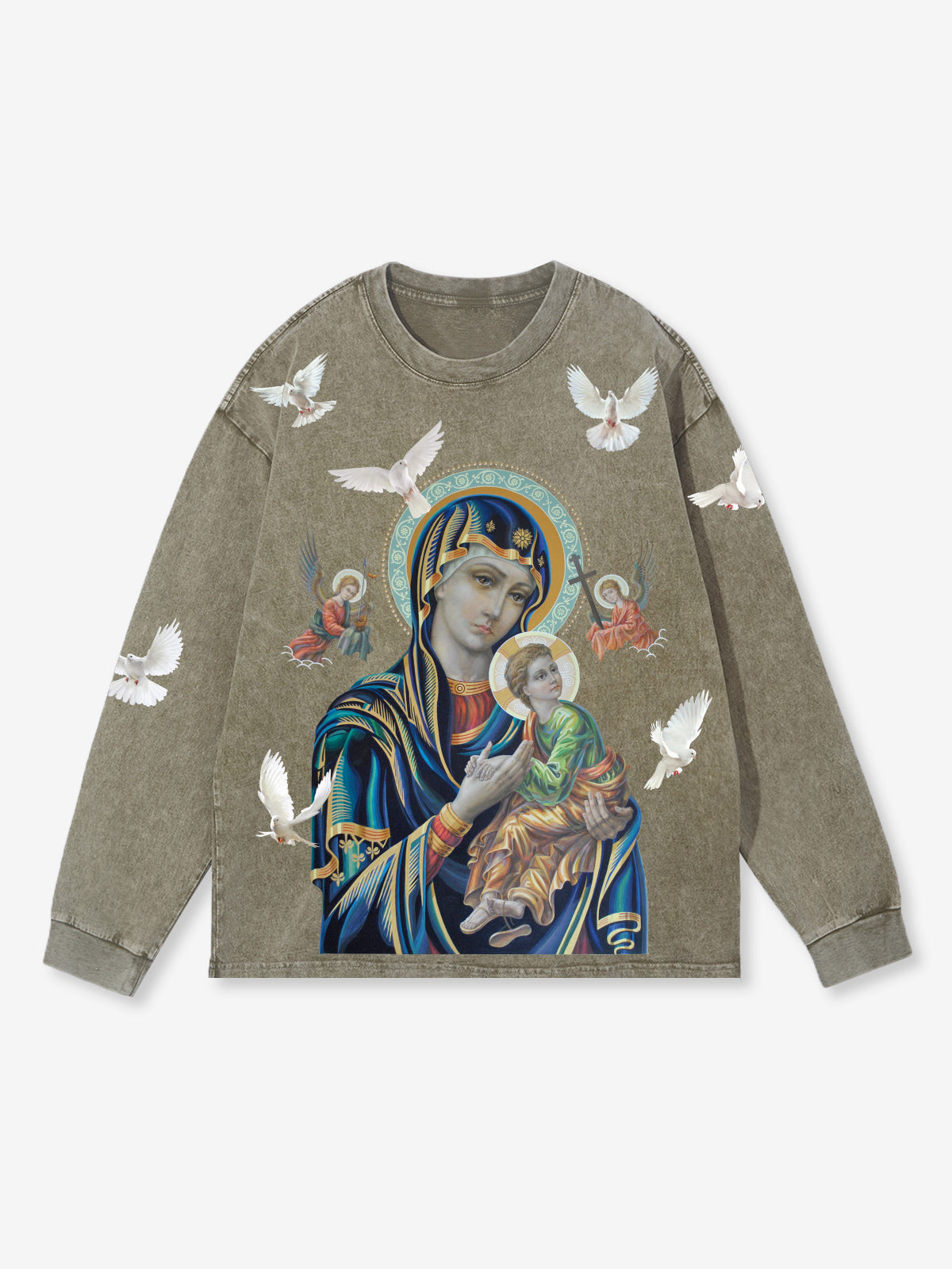 UNKNOWN ALLURE© Black Madonna and Child Long Sleeve Khaki Shirt