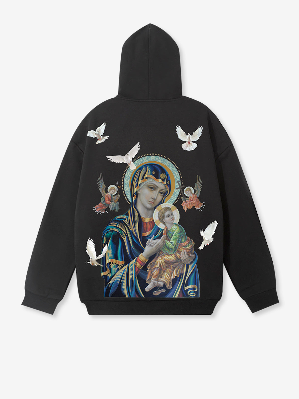 GROß &amp; GROSS – Madonna und Kind, schwarzes Fleece-Sweatshirt mit Rundhalsausschnitt