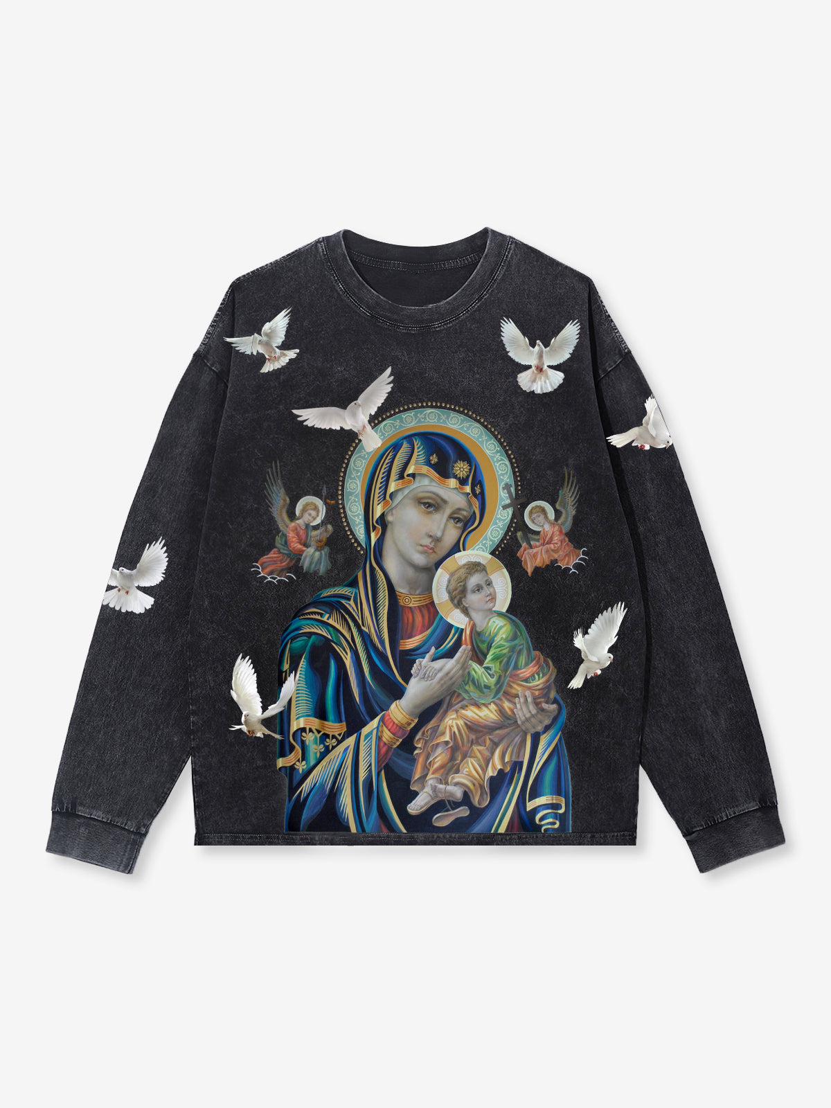 UNKNOWN ALLURE© Schwarzes langärmliges Khaki-Hemd mit Madonna und Kind