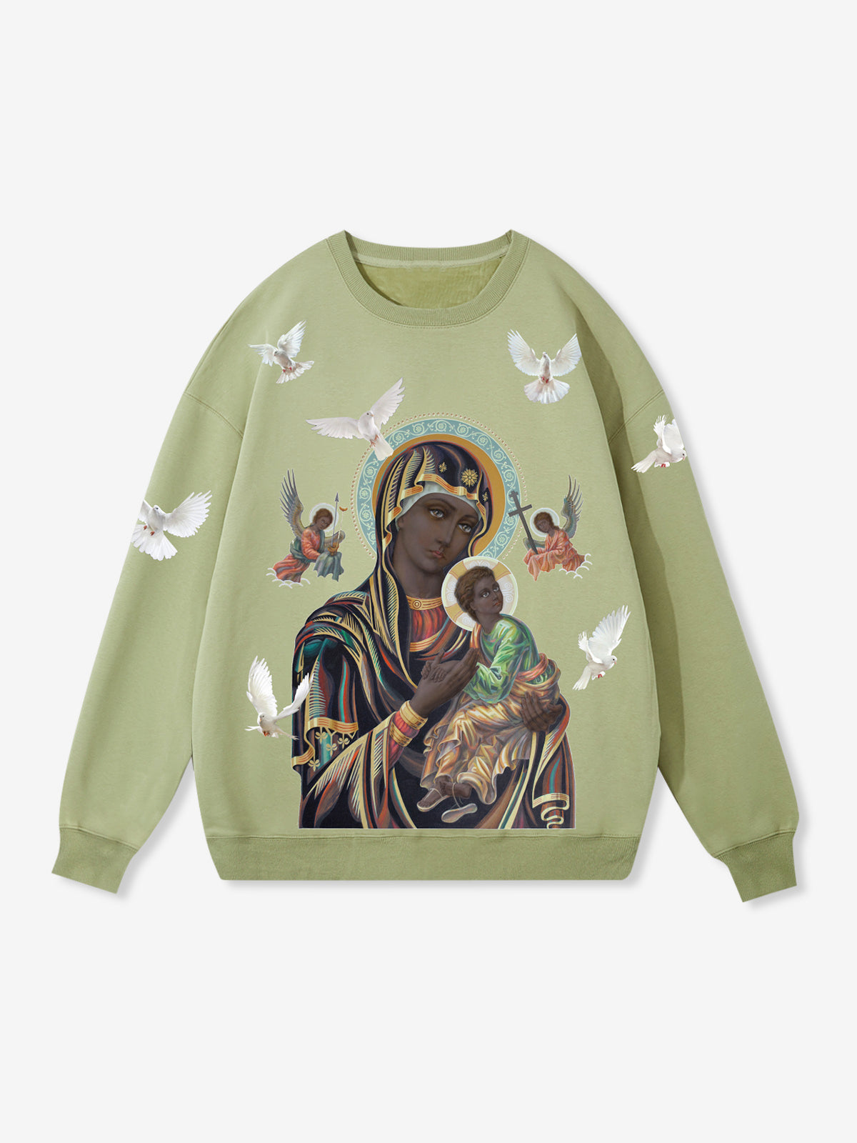 GROSSE GRÖSSEN – Madonna und Kind – Olivgrünes Fleece-Sweatshirt mit Rundhalsausschnitt