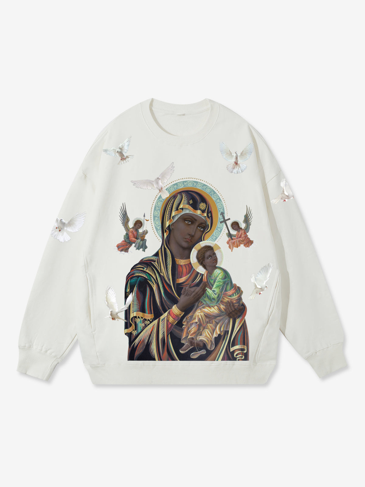 GROSSE GRÖSSEN – Madonna und Kind weißes Rundhals-Sweatshirt