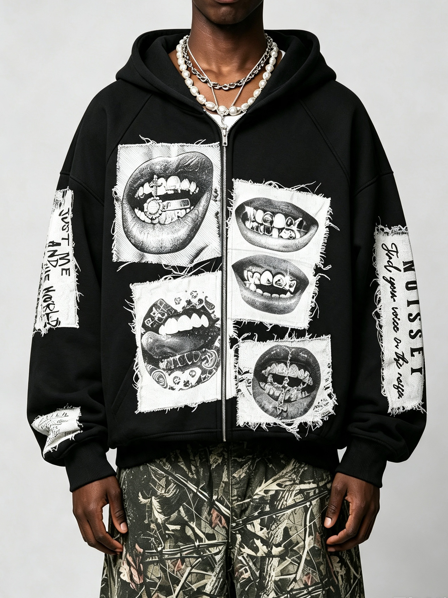 NOISSEY Black & White Diamond Grillz Faux Raw-Edge Patchwork Full-Zip Hoodie - Classic Black